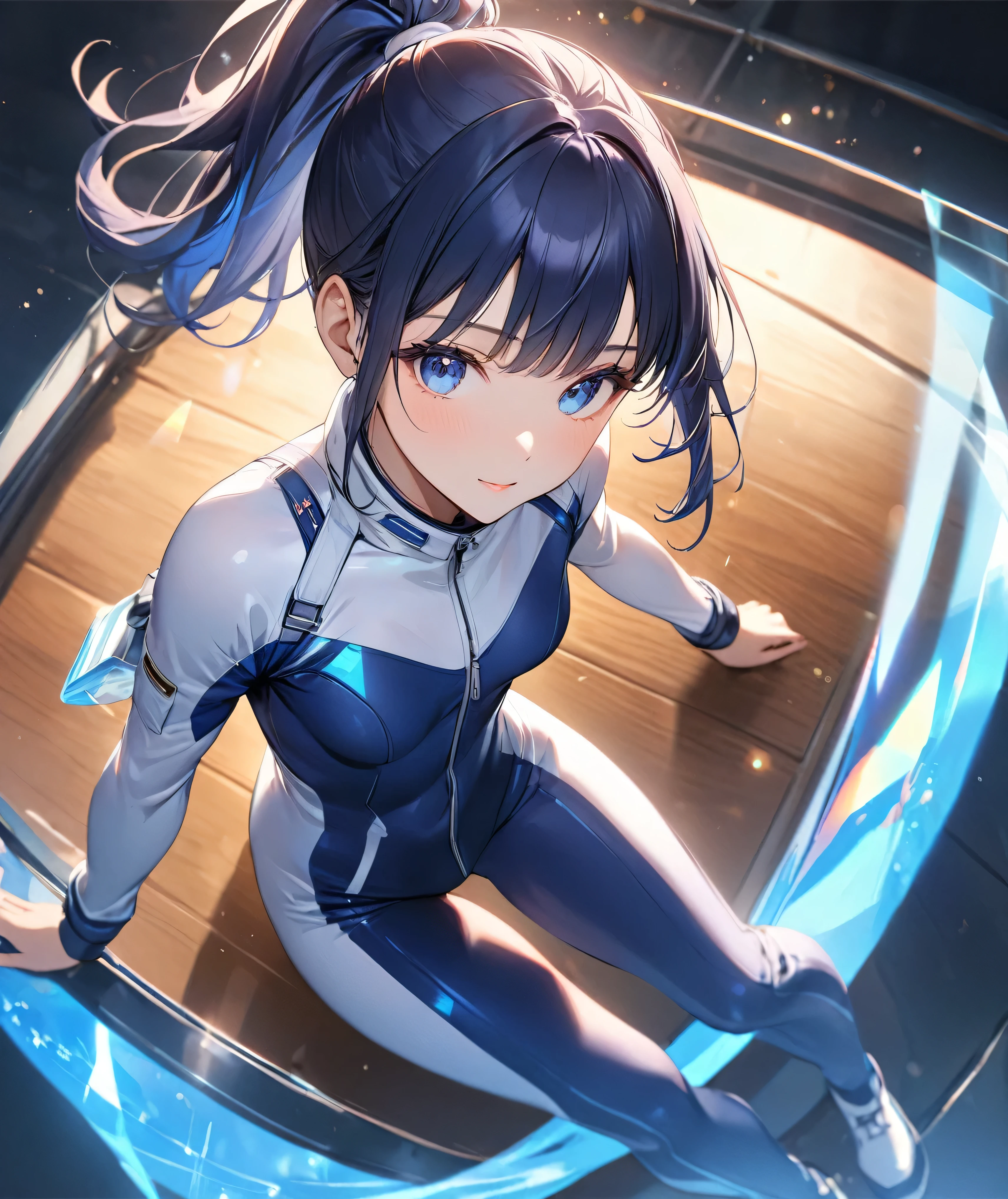 (Holographic glow effect,masterpiece、Best Quality、Highest Resolution、Clear_image、Detailed details、The angle is from above): (whole body,solo、A girl alone、Japanese Faces、High knot ponytail、Dark blue hair girl、Small breasts、(Perfect body:1.4)、Sparkling blue eyes、(White and navy blue pilot suit、Wear full white and navy blue cover、White and navy thigh-covering pants、White and navy shoulder cover outfit、White and navy cropped jacket、White and navy shiny clothes、Navy blue tight-fitting pants that hide the legs、Clothing that doesn't attract skin、Clothes that hide the skin、Armor to hide the chest、White and navy blue long boots、White and navy elbow-length gloves、White and navy gloves)、Very delicate and beautiful、Detailed Skin、Slim body、Exoskeleton、Cute、A gentle smile、Soft expression、heroine),Polished floor,helmet、Light vortex、Water Vortex、Wind Vortex