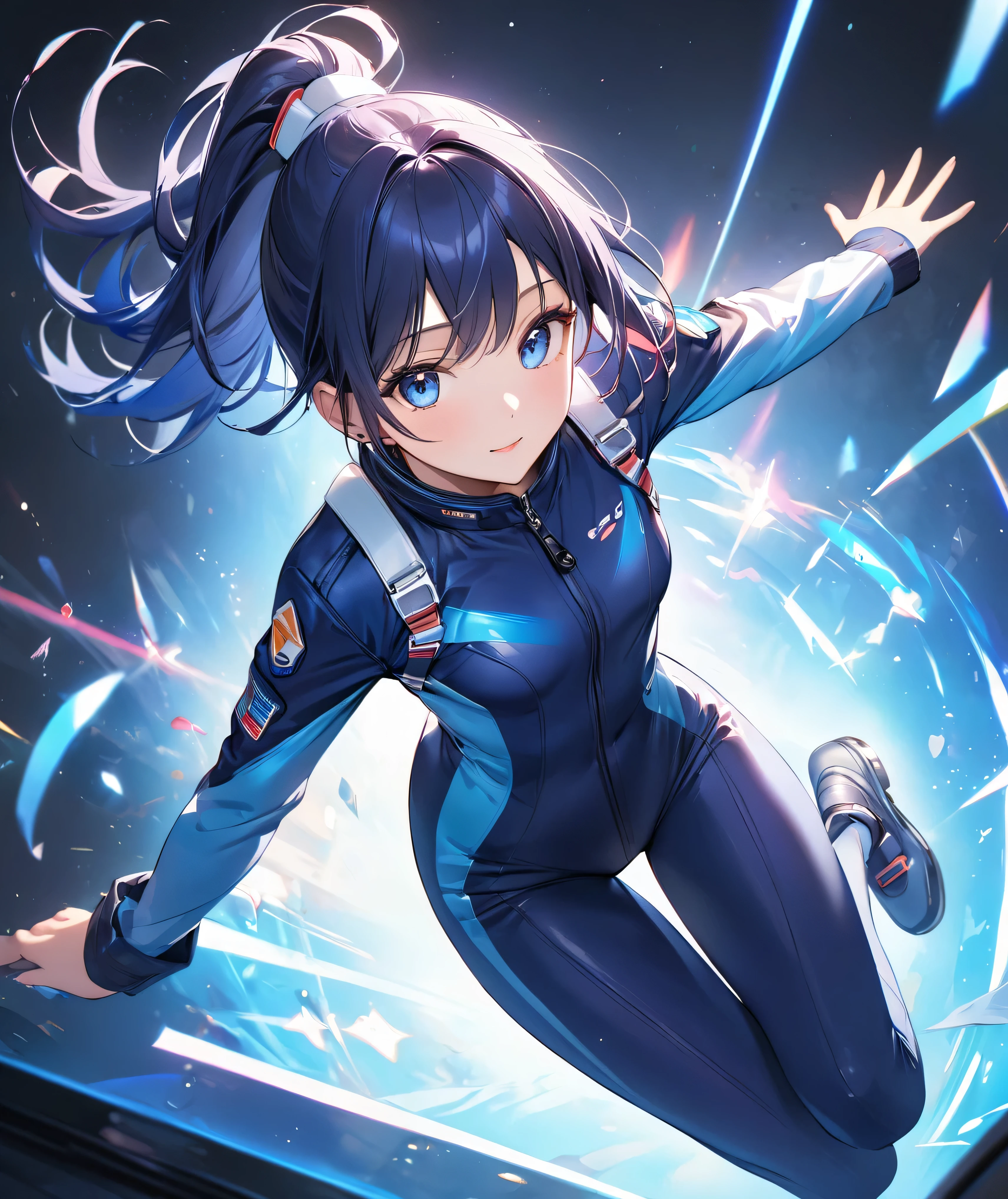 (Holographic glow effect,masterpiece、Best Quality、Highest Resolution、Clear_image、Detailed details、The angle is from above): (whole body,solo、A girl alone、Japanese Faces、High knot ponytail、Dark blue hair girl、Small breasts、（Perfect body：1.4）、Sparkling blue eyes、(White and navy blue pilot suit、Wear full white and navy blue cover、White and navy thigh-covering pants、White and navy shoulder cover outfit、White and navy cropped jacket、White and navy shiny clothes、Navy blue tight-fitting pants that hide the legs、Clothing that doesn&#39;t attract skin、Clothes that hide the skin、Armor to hide the chest、White and navy blue long boots、White and navy elbow-length gloves、White and navy gloves)、Very delicate and beautiful、Detailed Skin、Slim body、Exoskeleton、Cute、A gentle smile、Soft expression、heroine),Polished floor,helmet、Light vortex、Water Vortex、Wind Vortex