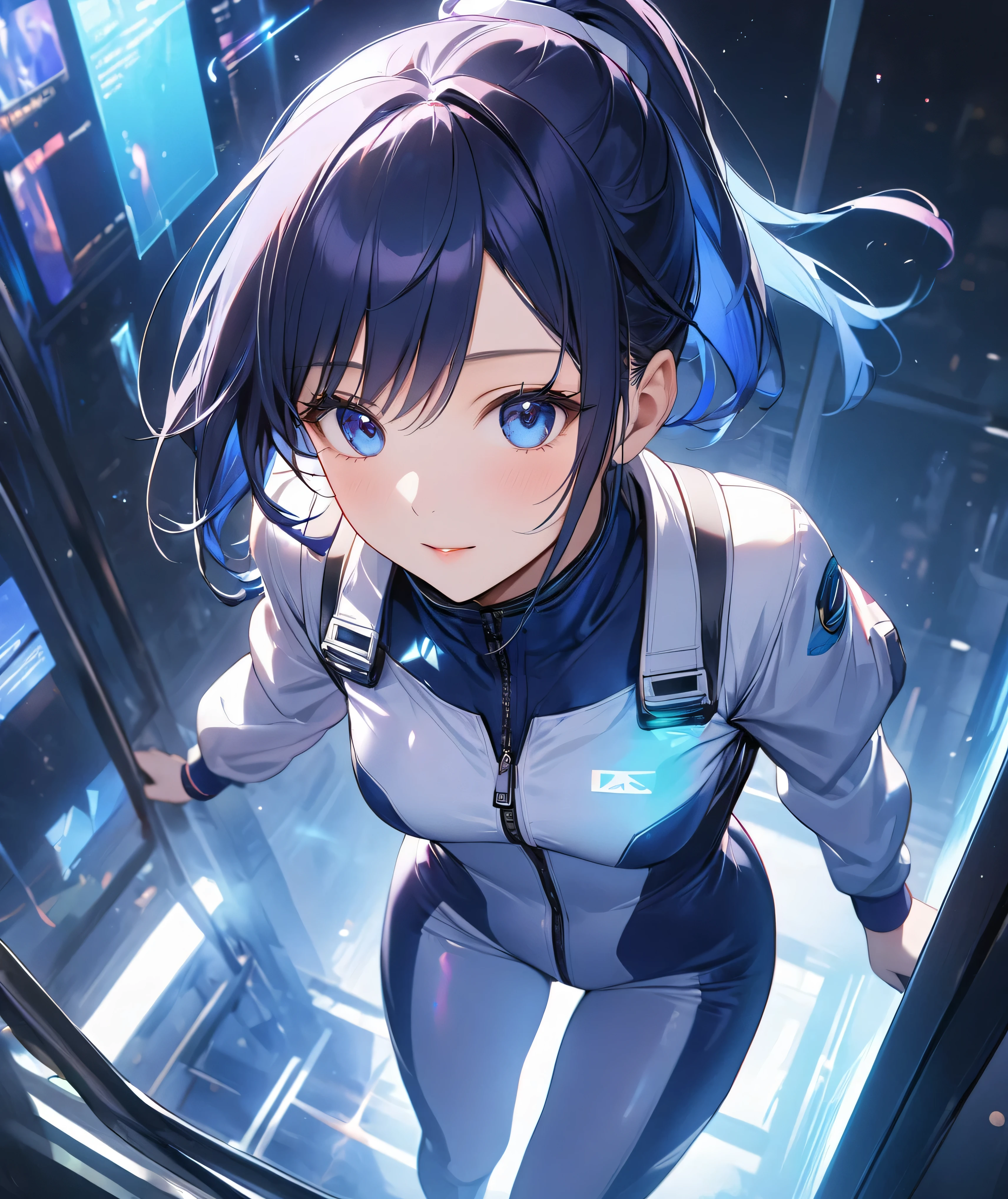 (Holographic glow effect,masterpiece、Best Quality、Highest Resolution、Clear_image、Detailed details、The angle is from above): (whole body,solo、A girl alone、Japanese Faces、High knot ponytail、Dark blue hair girl、Small breasts、(Perfect body:1.4)、Sparkling blue eyes、(White and navy blue pilot suit、Wear full white and navy blue cover、White and navy thigh-covering pants、White and navy shoulder cover outfit、White and navy cropped jacket、White and navy shiny clothes、Navy blue tight-fitting pants that hide the legs、Clothing that doesn't attract skin、Clothes that hide the skin、Armor to hide the chest、White and navy blue long boots、White and navy elbow-length gloves、White and navy gloves)、Very delicate and beautiful、Detailed Skin、Slim body、Exoskeleton、Cute、A gentle smile、Soft expression、heroine),Polished floor,helmet、Light vortex、Water Vortex、Wind Vortex
