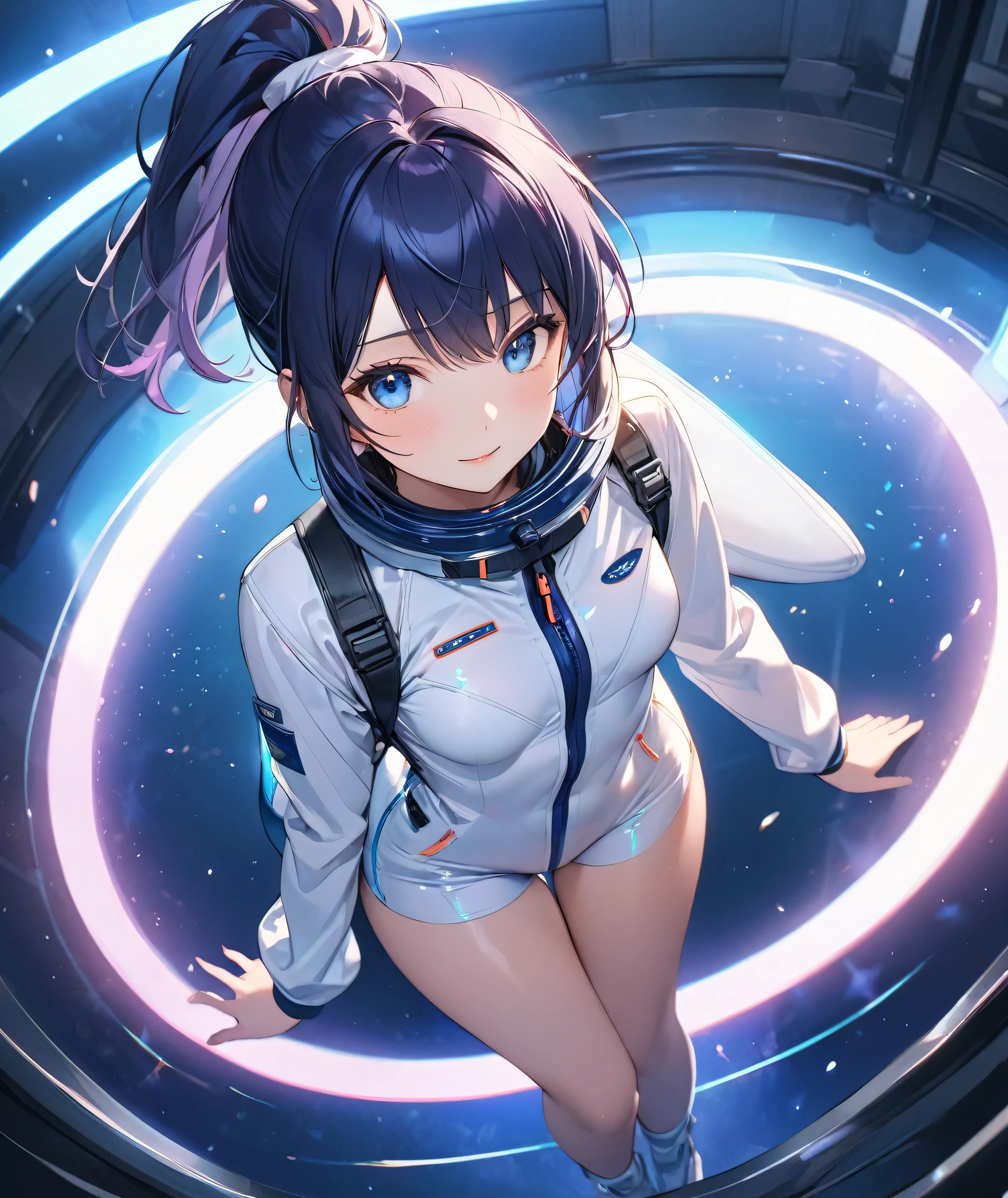 (Holographic glow effect,masterpiece、Best Quality、Highest Resolution、Clear_image、Detailed details、The angle is from above): (whole body,solo、A girl alone、Japanese Faces、High knot ponytail、Dark blue hair girl、Small breasts、（Perfect body：1.4）、Sparkling blue eyes、(White and navy blue pilot suit、Wear full white and navy blue cover、White and navy thigh-covering pants、White and navy shoulder cover outfit、White and navy cropped jacket、White and navy shiny clothes、Navy blue tight-fitting pants that hide the legs、Clothing that doesn&#39;t attract skin、Clothes that hide the skin、Armor to hide the chest、White and navy blue long boots、White and navy elbow-length gloves、White and navy gloves)、Very delicate and beautiful、Detailed Skin、Slim body、Exoskeleton、Cute、A gentle smile、Soft expression、heroine),Polished floor,helmet、Light vortex、Water Vortex、Wind Vortex