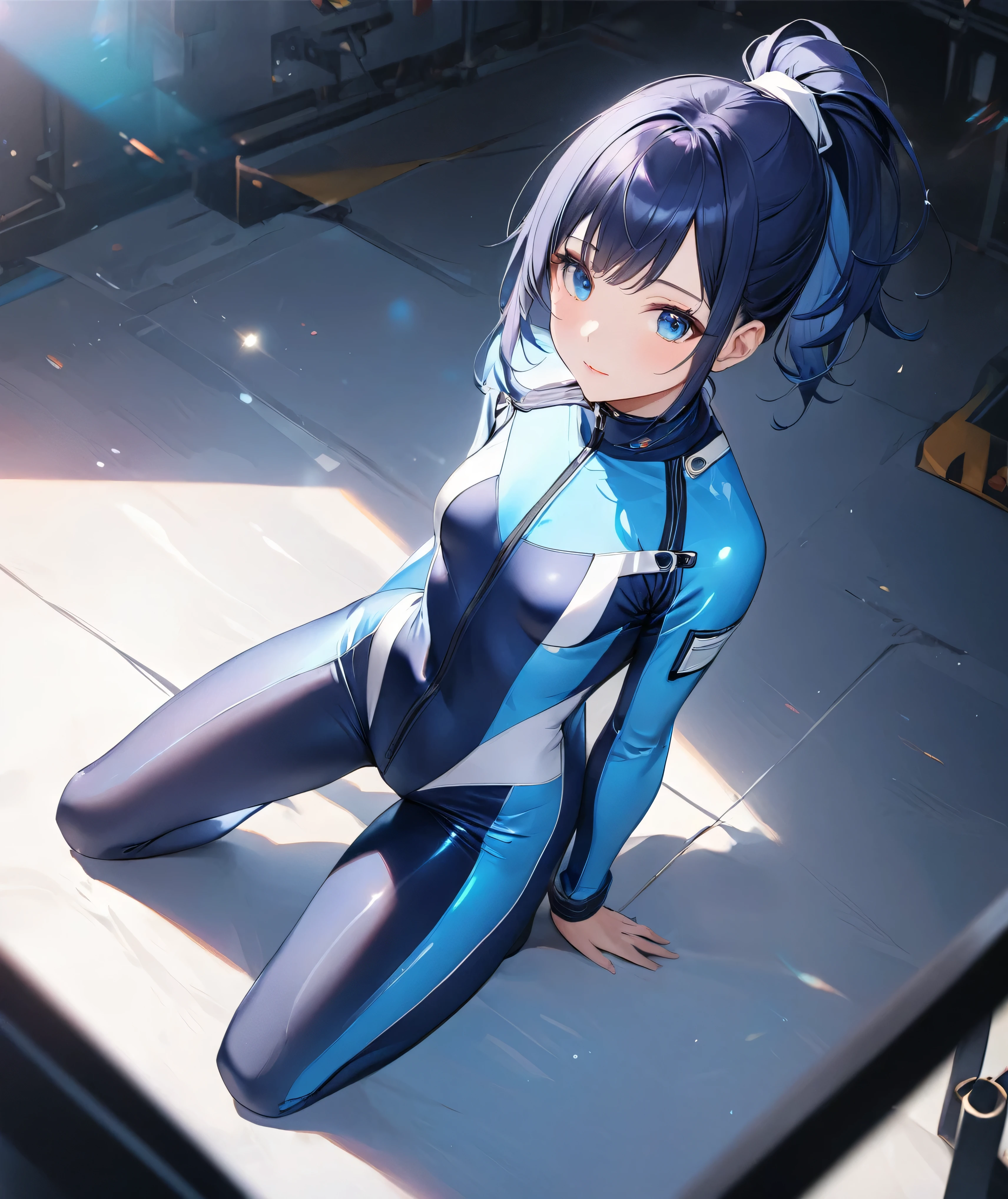 (Holographic glow effect,masterpiece、Best Quality、Highest Resolution、Clear_image、Detailed details、The angle is from above): (whole body,solo、A girl alone、Japanese Faces、High knot ponytail、Dark blue hair girl、Small breasts、（Perfect body：1.4）、Sparkling blue eyes、(White and navy blue pilot suit、Wear full white and navy blue cover、White and navy thigh-covering pants、White and navy shoulder cover outfit、White and navy cropped jacket、White and navy shiny clothes、Navy blue tight-fitting pants that hide the legs、Clothing that doesn&#39;t attract skin、Clothes that hide the skin、Armor to hide the chest、White and navy blue long boots、White and navy elbow-length gloves、White and navy gloves)、Very delicate and beautiful、Detailed Skin、Slim body、Exoskeleton、Cute、A gentle smile、Soft expression、heroine),Polished floor,helmet、Light vortex、Water Vortex、Wind Vortex