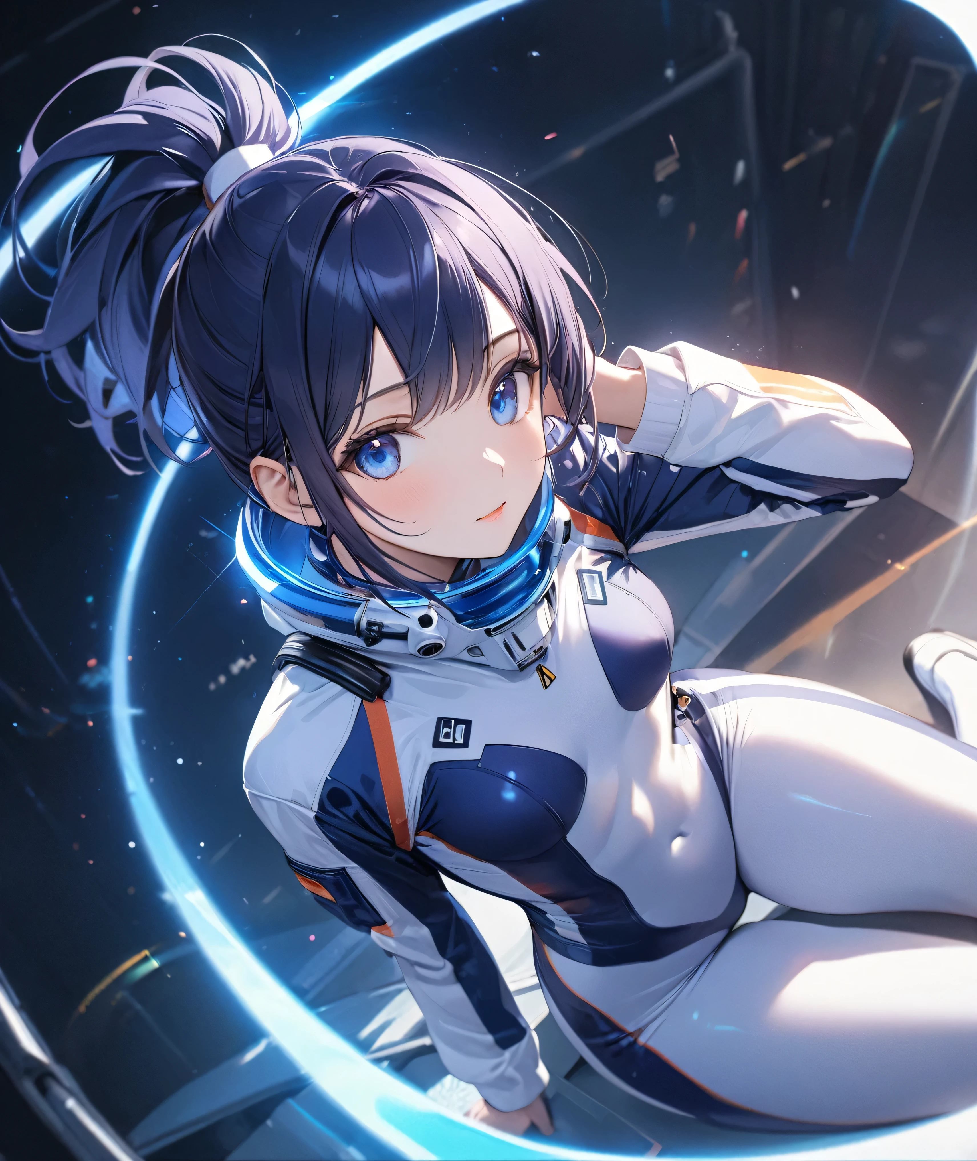 (Holographic glow effect,masterpiece、Best Quality、Highest Resolution、Clear_image、Detailed details、The angle is from above): (whole body,solo、A girl alone、Japanese Faces、High knot ponytail、Dark blue hair girl、Small breasts、（Perfect body：1.4）、Sparkling blue eyes、(White and navy blue pilot suit、Wear full white and navy blue cover、White and navy thigh-covering pants、White and navy shoulder cover outfit、White and navy cropped jacket、White and navy shiny clothes、Navy blue tight-fitting pants that hide the legs、Clothing that doesn&#39;t attract skin、Clothes that hide the skin、Armor to hide the chest、White and navy blue long boots、White and navy elbow-length gloves、White and navy gloves)、Very delicate and beautiful、Detailed Skin、Slim body、Exoskeleton、Cute、A gentle smile、Soft expression、heroine),Polished floor,helmet、Light vortex、Water Vortex、Wind Vortex