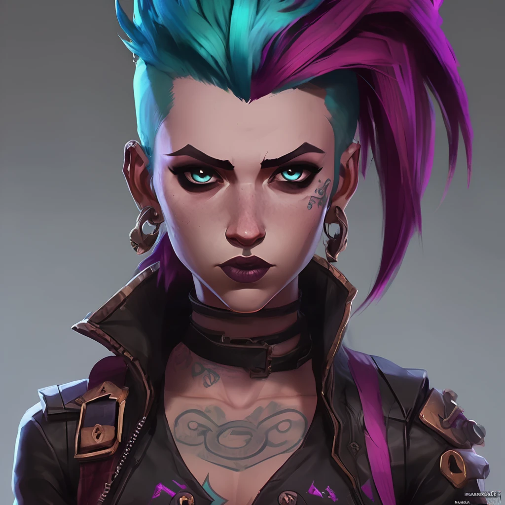 Arcane, league of legends, dynamic pose, punk rocker from Zaun with long, colorful hair styled into a spiky mohawk of bright turquoise and magenta hues. lean, athletic build. Full body image. covered in intricate tattoos. Riot wears a black, skin-tight Zaunite leather outfit adorned with metal spikes and patches, emphasizing her rebellious attitude. Her face has several piercings, including a nose ring and lip piercing, and her expression exudes confidence and intensity. She should be depicted in the style of Arcane, with a gritty, dark aesthetic that blends steampunk elements with fantasy RPG concepts. The lighting should be dramatic, with Zaun’s industrial glow illuminating her presence.

