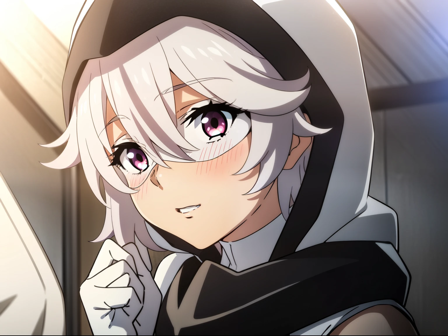 8k, obra maestra, absurdres, animé, SHYhero, 1girl, solo,  blush, cowboy shot, elbow gloves, eye mask, gloves, hands up, hood, hood down, leotard, parted lips, pink background, red eyes, short hair, simple background, solo, white gloves, white hair, white leotard, looking at viewer, 