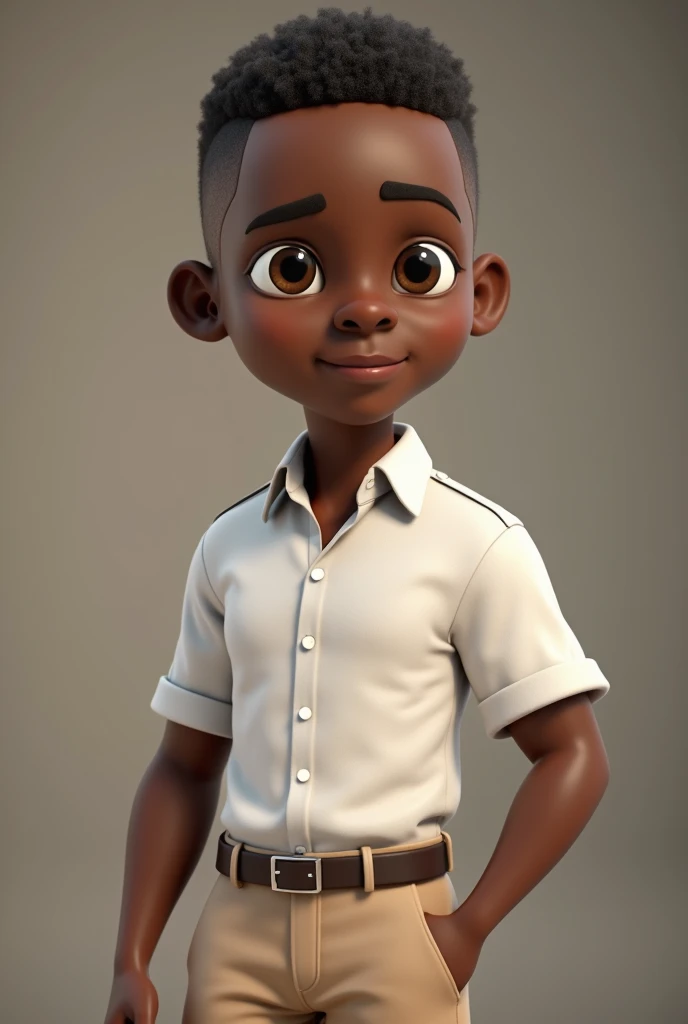 Light skinned black man, young man at the age of 30, character with military style haircut, wearing a white dress shirt and beige dress pants, Stylized character, animation style rendering, Stylized 3D, Arnold Maya Rendering, Stylized 3D rendering, toon render keyshot, 3d character, 3d character, Stylized 3D rendering, 3D character rendering, cartoon character, Personagem de close up, Character pose,  (Pixar style) (master part:1.2) (Bokeh Effect) (best quality) (detailed skin) (detailed texture) (8k) (clay) (cinematic lighting) (sharp focus