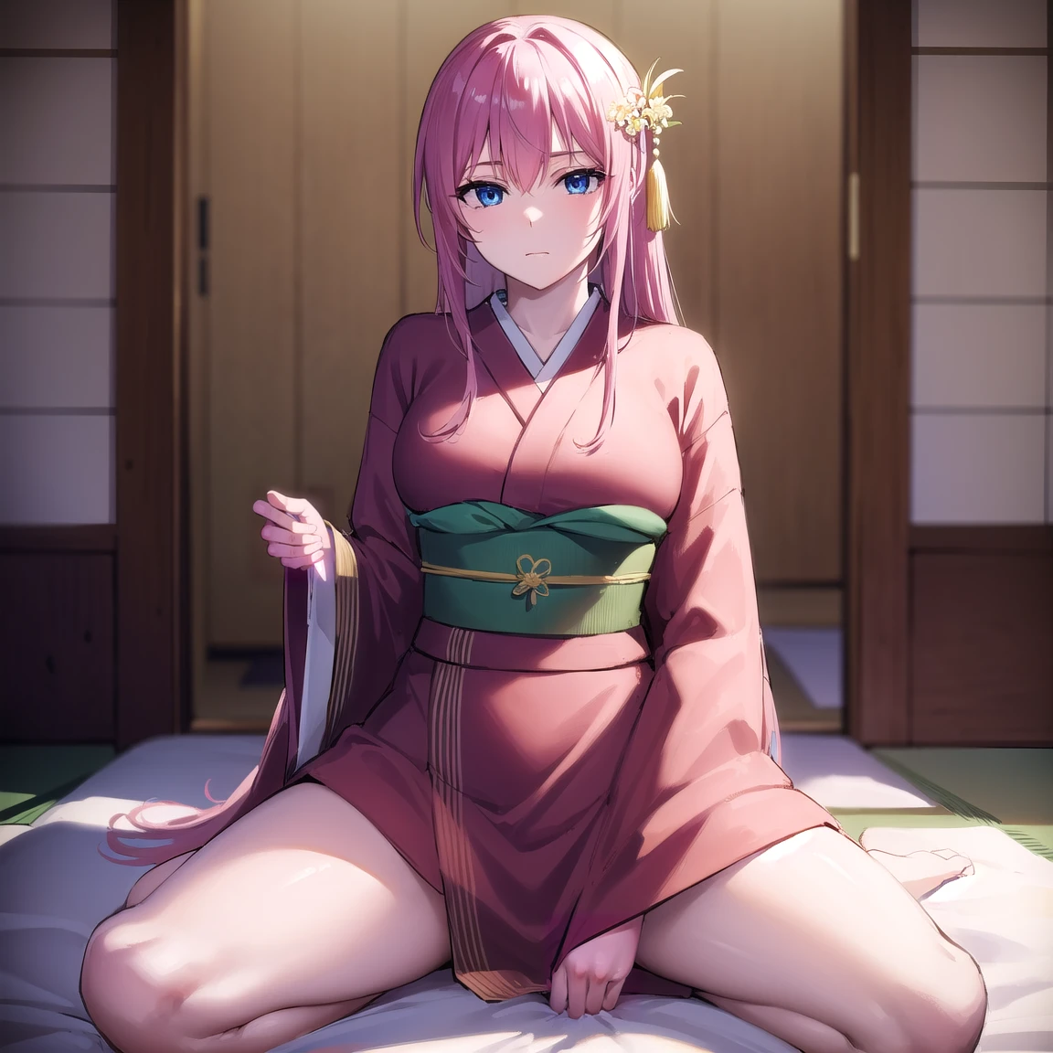 kayosudou, kayo sudou, blue eyes, pink hair, long hair, BREAK flower, hair ornament, cowgirl position sex, pov, pov sex, spread legs, vaginal sex, vaginal penetration, green sash, japanese clothes, kimono, obi, red kimono, sash, BREAK looking at viewer, BREAK indoors, BREAK (masterpiece:1.2), best quality, high resolution, unity 8k wallpaper, (illustration:0.8), (beautiful detailed eyes:1.6), extremely detailed face, perfect lighting, extremely detailed CG, (perfect hands, perfect anatomy),
