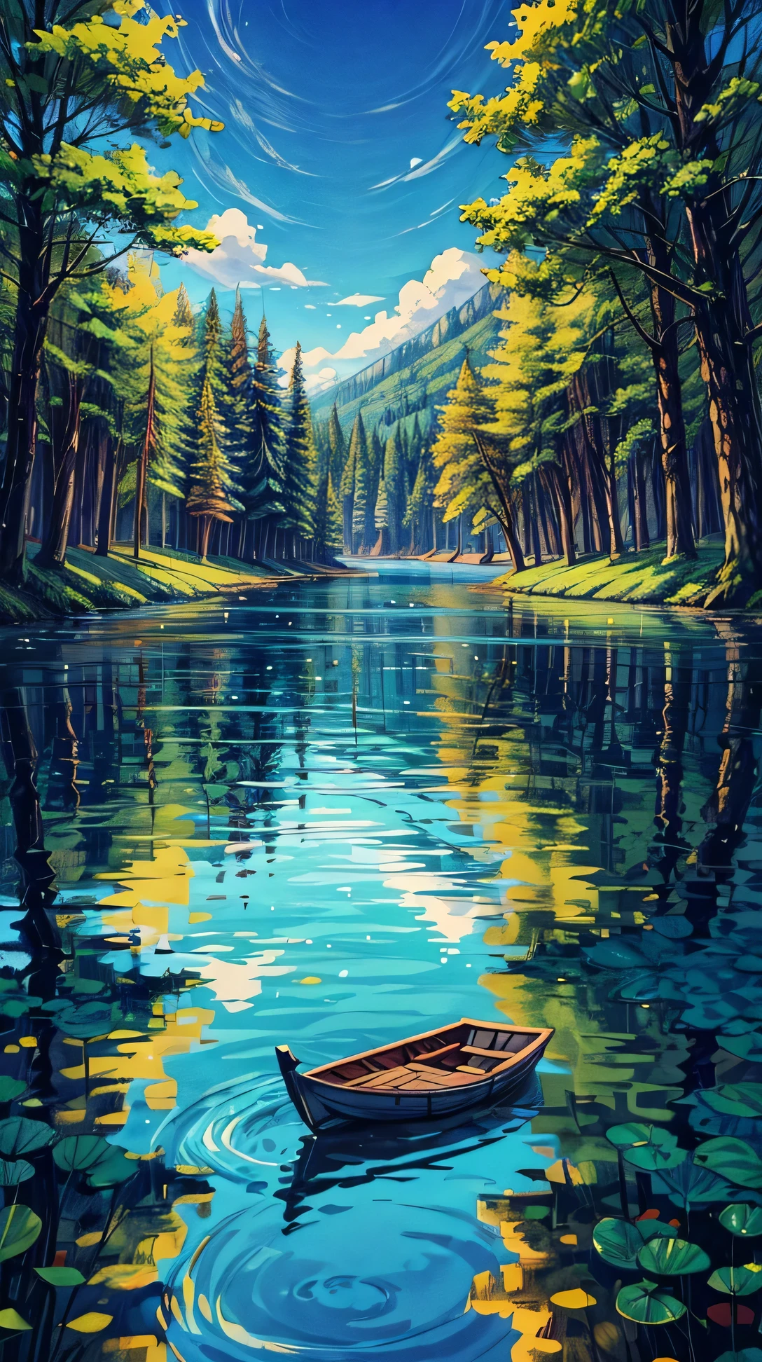 a serene lake with a single small boat floating, surrounded by tall trees and a clear sky.