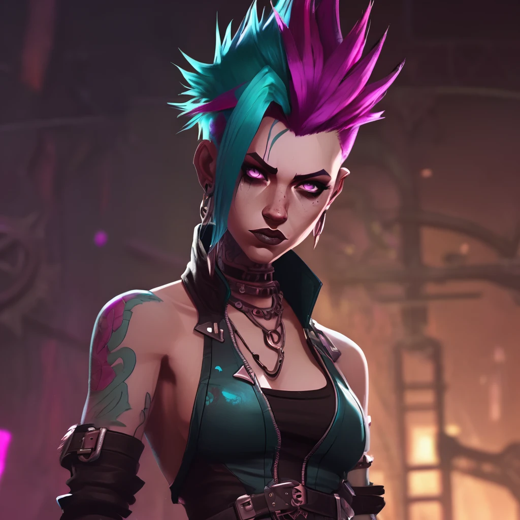 Arcane, league of legends, dynamic pose, punk rocker from Zaun with long, colorful hair styled into a spiky mohawk of bright turquoise and magenta hues. lean, athletic build. Full body image. covered in intricate tattoos. Riot wears a black, skin-tight Zaunite leather outfit adorned with metal spikes and patches, emphasizing her rebellious attitude. Her face has several piercings, including a nose ring and lip piercing, and her expression exudes confidence and intensity. She should be depicted in the style of Arcane, with a gritty, dark aesthetic that blends steampunk elements with fantasy RPG concepts. The lighting should be dramatic, with Zaun’s industrial glow illuminating her presence.

