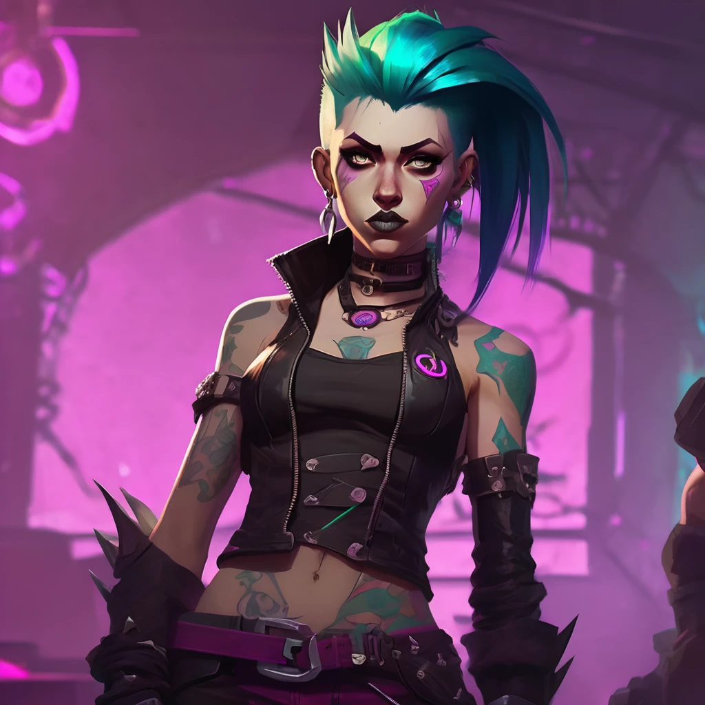 Arcane, league of legends, dynamic pose, punk rocker from Zaun with long, colorful hair styled into a spiky mohawk of bright turquoise and magenta hues. lean, athletic build. Full body image. covered in intricate tattoos. Riot wears a black, skin-tight Zaunite leather outfit adorned with metal spikes and patches, emphasizing her rebellious attitude. Her face has several piercings, including a nose ring and lip piercing, and her expression exudes confidence and intensity. She should be depicted in the style of Arcane, with a gritty, dark aesthetic that blends steampunk elements with fantasy RPG concepts. The lighting should be dramatic, with Zaun’s industrial glow illuminating her presence.

