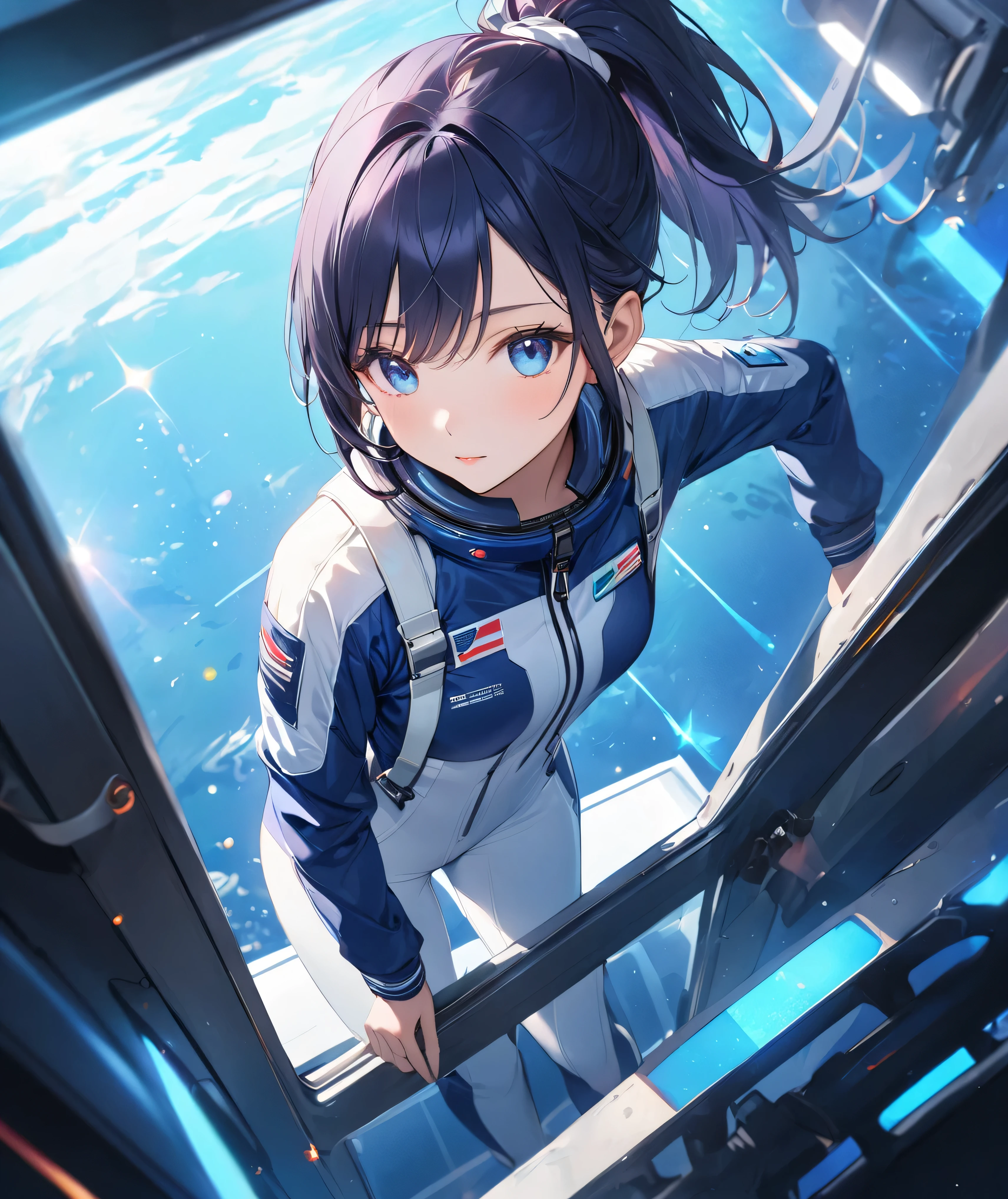 (Holographic glow effect,masterpiece、Best Quality、Highest Resolution、Clear_image、Detailed details、The angle is from above): (whole body,solo、A girl alone、Japanese Faces、High knot ponytail、Dark blue hair girl、Small breasts、（Perfect body：1.4）、Sparkling blue eyes、(White and navy blue pilot suit、Wear full white and navy blue cover、White and navy thigh-covering pants、White and navy shoulder cover outfit、White and navy cropped jacket、White and navy shiny clothes、Navy blue tight-fitting pants that hide the legs、Clothing that doesn&#39;t attract skin、Clothes that hide the skin、Armor to hide the chest、White and navy blue long boots、White and navy elbow-length gloves、White and navy gloves)、Very delicate and beautiful、Detailed Skin、Slim body、Exoskeleton、Cute、A gentle smile、Soft expression、heroine),Polished floor,helmet、Light vortex、Water Vortex、Wind Vortex