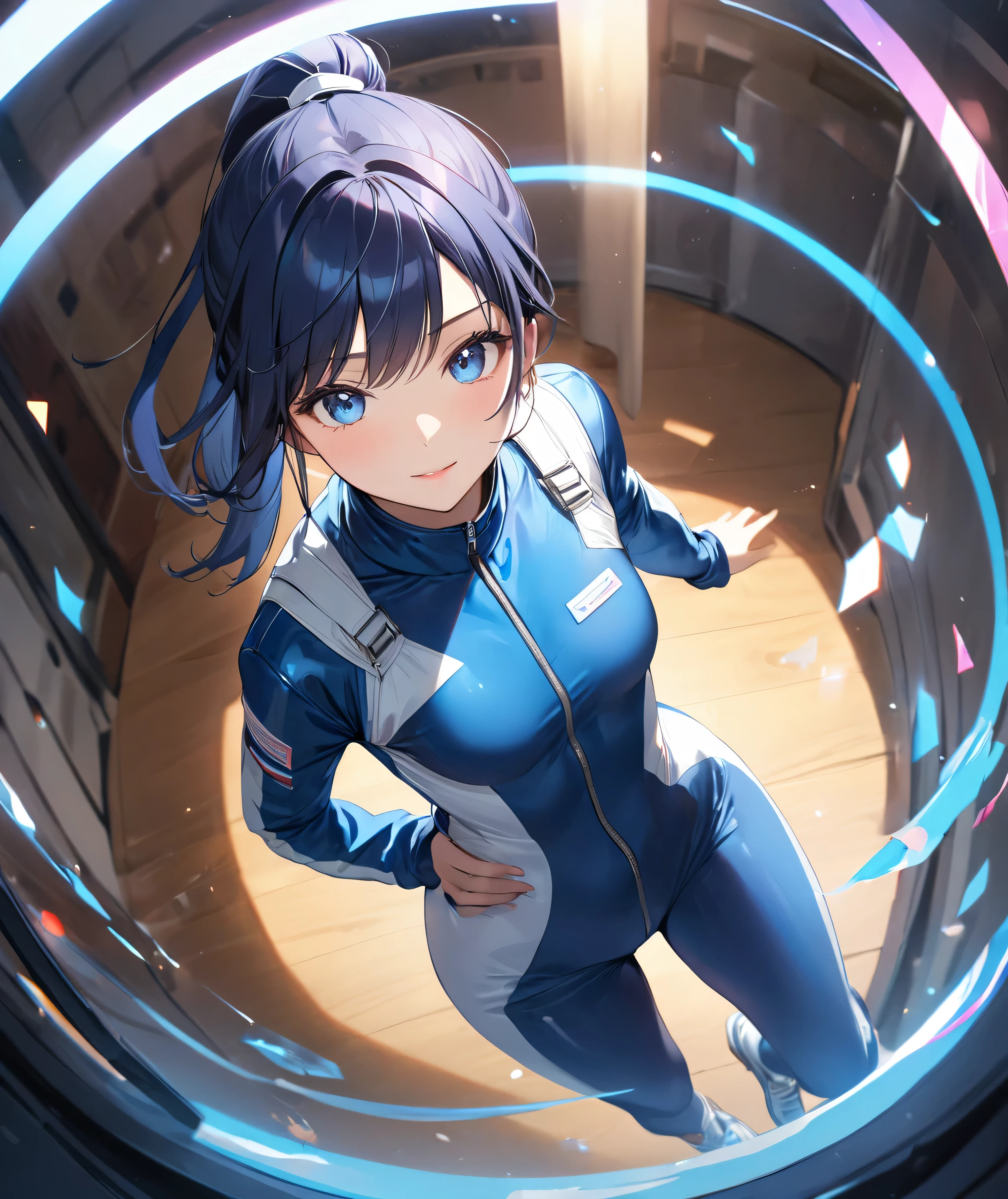 (Holographic glow effect,masterpiece、Best Quality、Highest Resolution、Clear_image、Detailed details、The angle is from above): (whole body,solo、A girl alone、Japanese Faces、High knot ponytail、Dark blue hair girl、Small breasts、（Perfect body：1.4）、Sparkling blue eyes、(White and navy blue pilot suit、Wear full white and navy blue cover、White and navy thigh-covering pants、White and navy shoulder cover outfit、White and navy cropped jacket、White and navy shiny clothes、Navy blue tight-fitting pants that hide the legs、Clothing that doesn&#39;t attract skin、Clothes that hide the skin、Armor to hide the chest、White and navy blue long boots、White and navy elbow-length gloves、White and navy gloves)、Very delicate and beautiful、Detailed Skin、Slim body、Exoskeleton、Cute、A gentle smile、Soft expression、heroine),Polished floor,helmet、Light vortex、Water Vortex、Wind Vortex