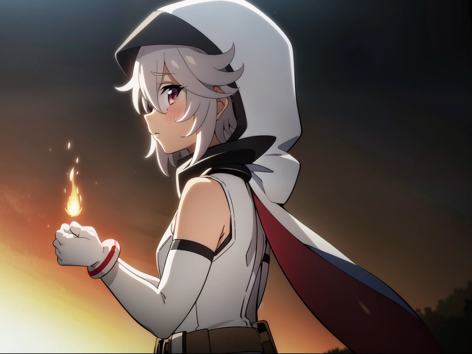 8k, obra maestra, absurdres, animé, SHYhero, 1girl, solo, bare shoulders, belt, black belt, blush, dated, elbow gloves, eye mask, flaming sword, flaming weapon, from side, gloves, grey hair, hair between eyes, hood, leotard, looking at viewer, red eyes, short hair, simple background, thighhighs, white gloves, white leotard