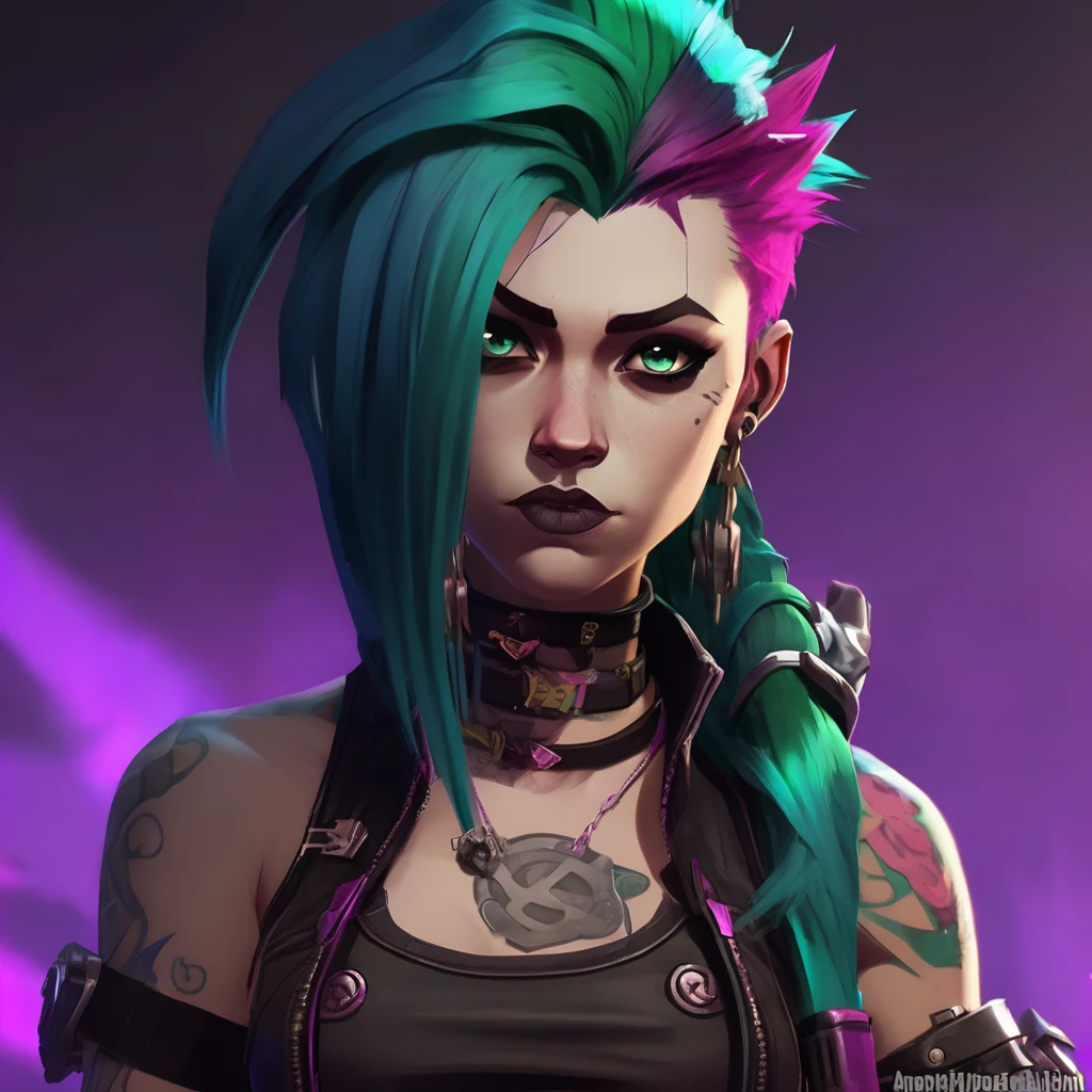 Arcane, league of legends, dynamic pose, punk rocker from Zaun with long, colorful hair styled into a spiky mohawk of bright turquoise and magenta hues. lean, athletic build. Full body image. covered in intricate tattoos. Riot wears a black, skin-tight Zaunite leather outfit adorned with metal spikes and patches, emphasizing her rebellious attitude. Her face has several piercings, including a nose ring and lip piercing, and her expression exudes confidence and intensity. She should be depicted in the style of Arcane, with a gritty, dark aesthetic that blends steampunk elements with fantasy RPG concepts. The lighting should be dramatic, with Zaun’s industrial glow illuminating her presence. She uses a chemtech custom made bass made of dsrk metal and glowimg green hoses and lights.

