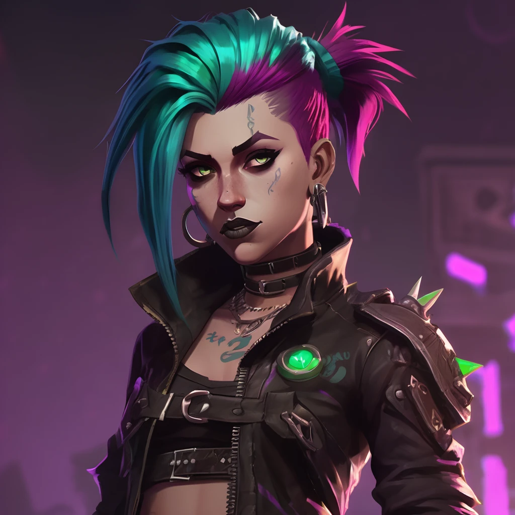 Arcane, league of legends, dynamic pose, punk rocker from Zaun with long, colorful hair styled into a spiky mohawk of bright turquoise and magenta hues. lean, athletic build. Full body image. covered in intricate tattoos. Riot wears a black, skin-tight Zaunite leather outfit adorned with metal spikes and patches, emphasizing her rebellious attitude. Her face has several piercings, including a nose ring and lip piercing, and her expression exudes confidence and intensity. She should be depicted in the style of Arcane, with a gritty, dark aesthetic that blends steampunk elements with fantasy RPG concepts. The lighting should be dramatic, with Zaun’s industrial glow illuminating her presence. She uses a chemtech custom made bass made of dsrk metal and glowimg green hoses and lights.

