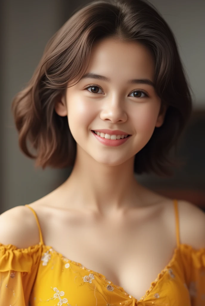 a beautiful girl with short curly brown hair,smiling,,dressed in a yellow dress with flower print,brown eyes,(best quality,4k,8k,highres,masterpiece:1.2),ultra-detailed,(realistic,photorealistic,photo-realistic:1.37),HDR,UHD,studio lighting,ultra-fine painting,sharp focus,physically-based rendering,extreme detail description,professional,vivid colors,bokeh,pixel art,scenary
