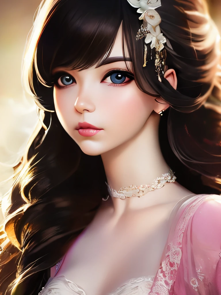 Beautiful woman with long black hair, side-swept bangs, sparkling blue eyes, light pink lips, fair skin. Beautiful renaissance pink dress.