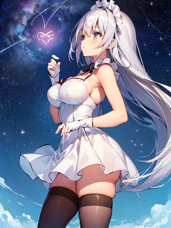 ((1girl),(ite), (from below:1.3,from side), ( masterpiece,best quality,high-resolution), ((Anatomically correct number of limbs),(Anatomically correct number of fingers),(Beautiful five fingers)), (silver hair,long hair,shiny hair:1.3), (maid),((huge breasts),beautiful breasts,curvy), (spoken heart),  ((late night,starry sky),garden)