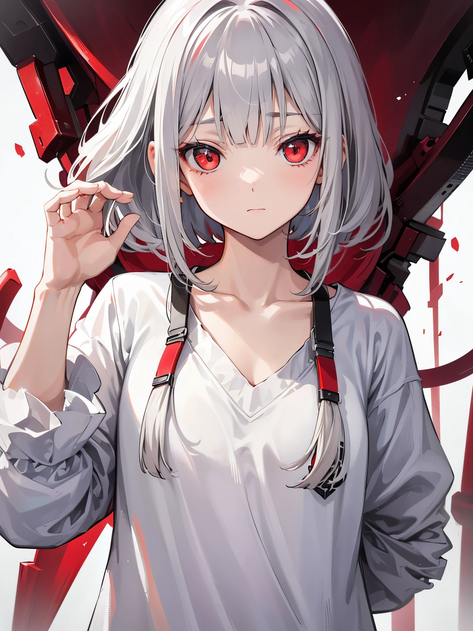 Girl、Handgun、一つのHandgun、((Aim the gun at the camera))、((Upper Body))、((Gray Hair))、((Photograph from the front))、(((((gun))))),((((Pointing the gun this way))))（Covered in blood）、Clothes full of scratches、((Scarred Face))、Red-black eyes、Detailed eyes、Black hoodie、((Detailed hands))、high resolution、Detailed picture、Beautiful painting、Cold look、masterpiece, best quality, detailed beautiful face and eyes,detailed beautiful face,and eyes