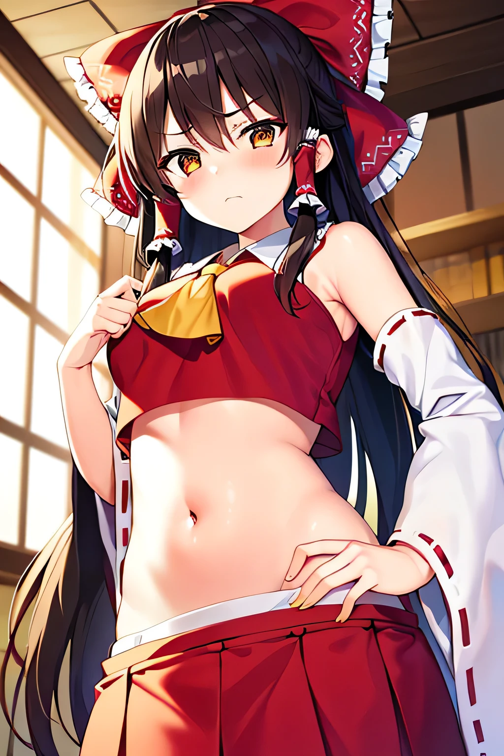 super fine illustration, vibrant colors, masterpiece, sharp focus, best quality, depth of field, cinematic lighting, ultra detailed, blush, annoyed, belly button, hips, shrine maiden, hakurei reimu, 1girl, hair bow, ascot, hair tubes, detached sleeves, looking down, red shirt, red skirt, long hair, dark brown hair, indoors, crop top, mature woman, miko, 