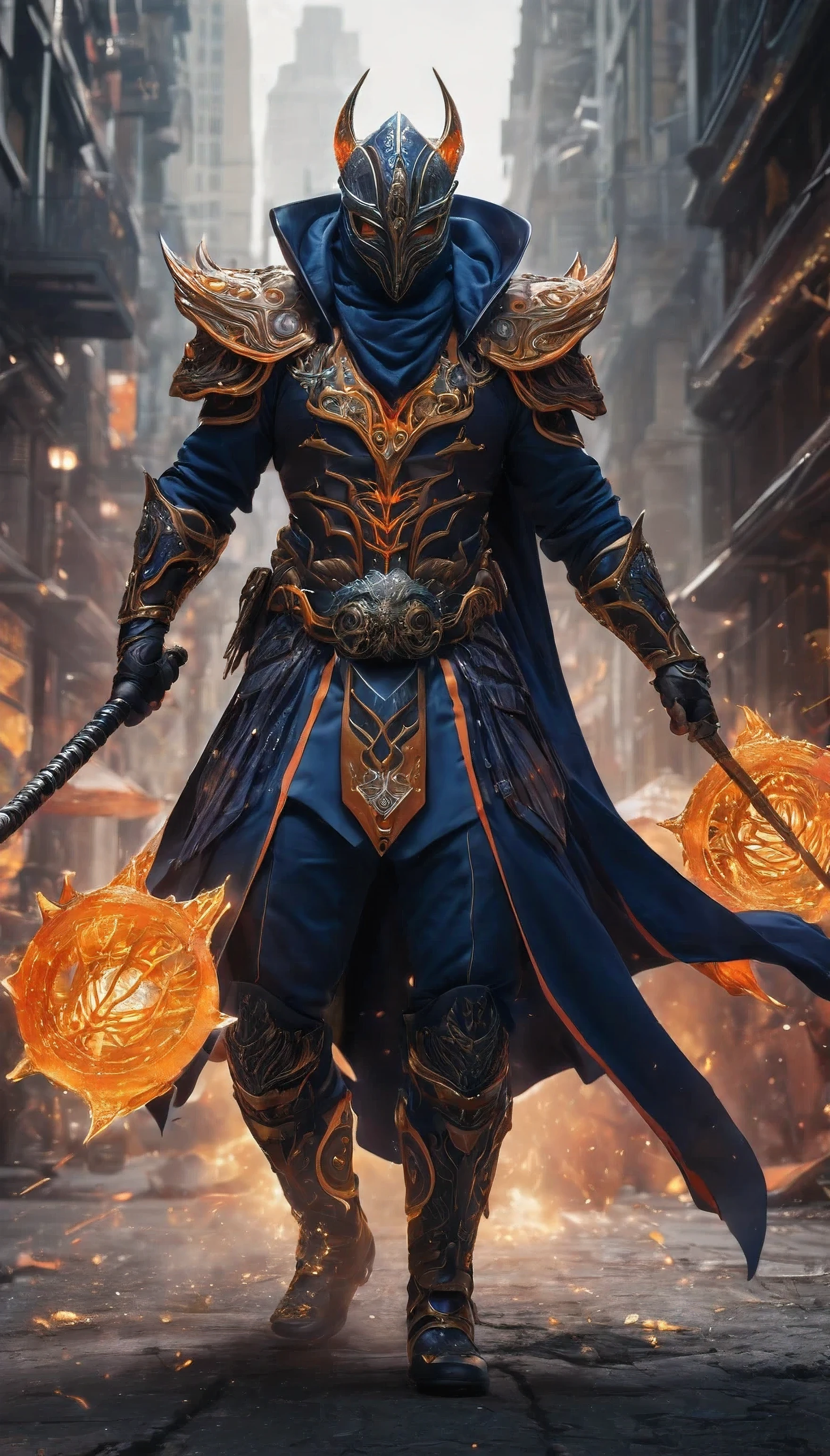 A villain wears mask and body armored with navy blue and orange color scheme , rampaging in a city , he wields an intricate large mystic staff .