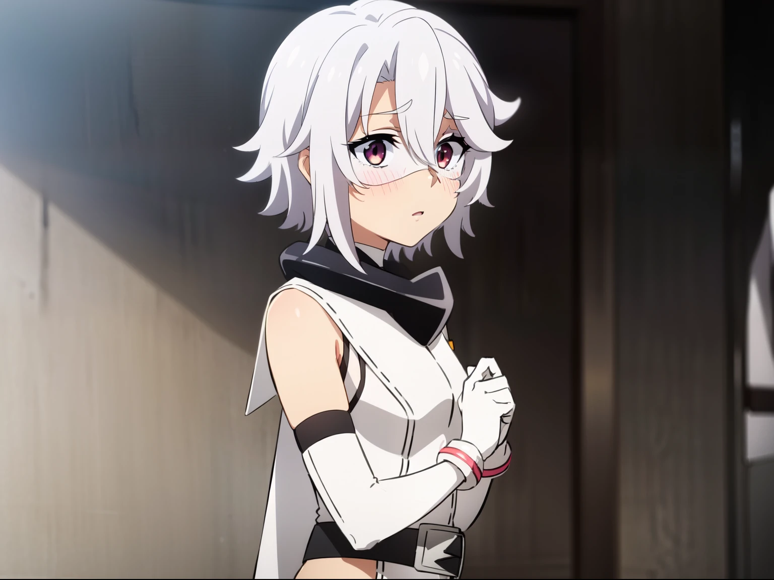 8k, obra maestra, absurdres, animé, SHYhero, 1girl, solo, bare shoulders, belt, black belt, blush, dated, elbow gloves, eye mask, sword, holding sword [right hand], gloves, grey hair, hair between eyes, hood, leotard, looking at viewer, red eyes, short hair, simple background, thighhighs, white gloves, white leotard