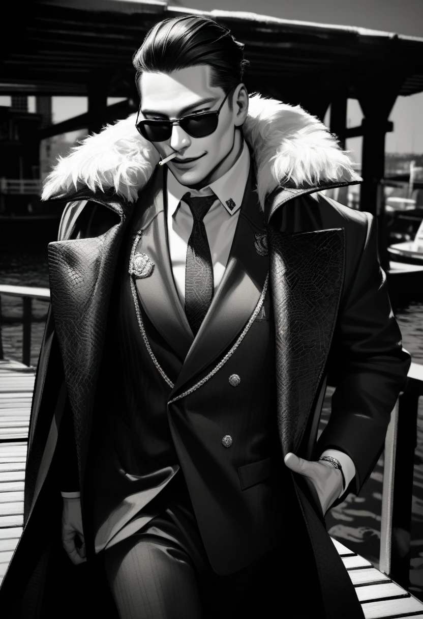 1boy, solo, mafia, 50 years old, Asian Male, Slicked-back black hair, sunglasses, Holding a cigarette, Smoke is streaming, Cynical smile, Square jaw, Luxurious coat with fur, Armani Suits, monochrome, UHD, masterpiece, high details, Wharf, Walking towards the viewer