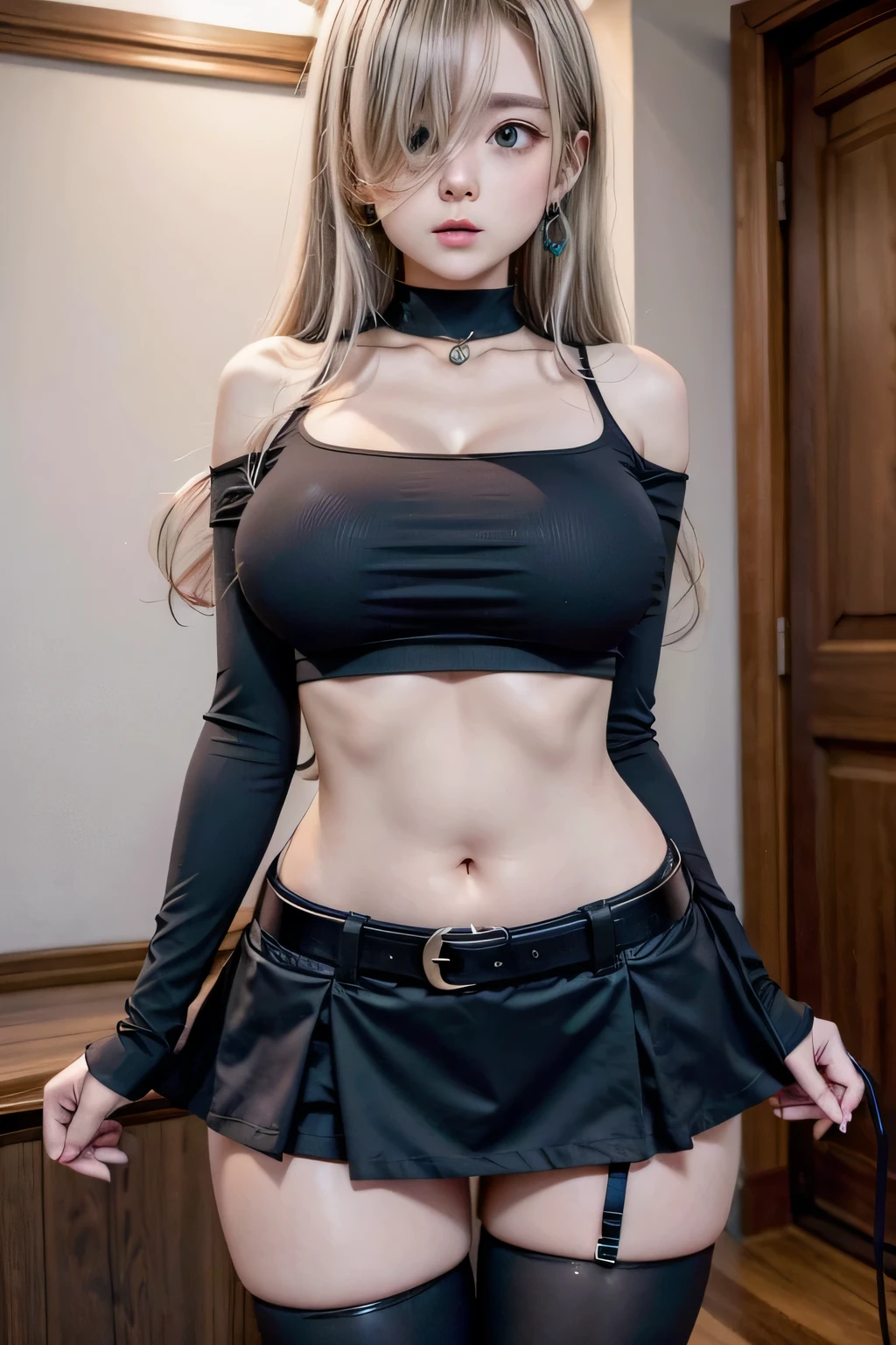 hmeliza, 1 girl, hair over one eye, jewelry, simple thigh, abdomen, black skirt, asymmetrical leggings, pink shirt, black thighs, belt, miniskirt, big thighs, big breasts, big hips, A-cup breasts, waist 50 cm and hips 70cm