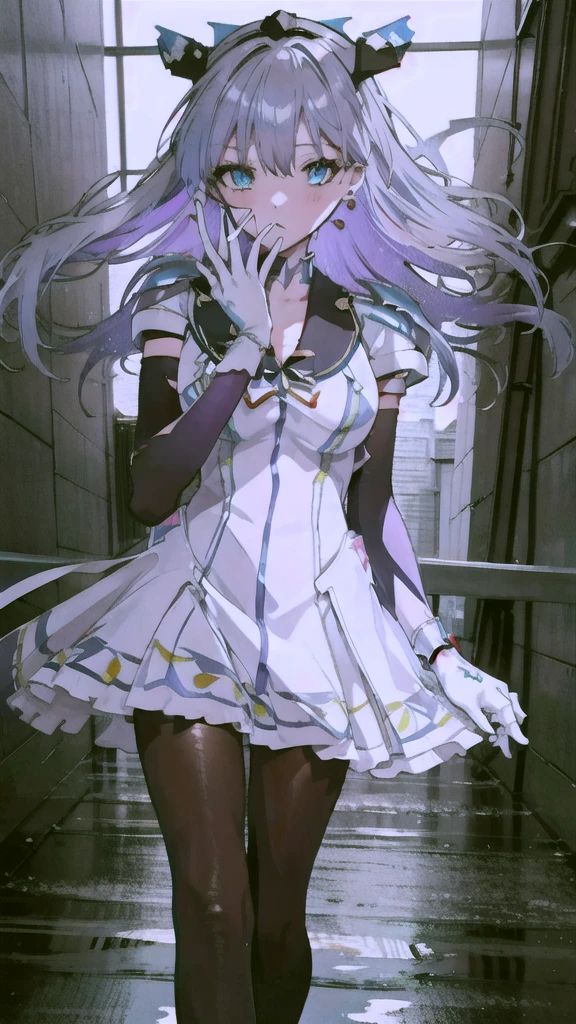 Please redeem，symphony_sugar,Light blue hair,Dark blue eyes,Hair Accessories,Long Hair,White long_gloves,light blue short dress,Black Pantyhose,High heels, ,Show me your boots，gloves，elegant, 1 girl, cute, Blushed, Looking at the audience, From below, prison，Beautiful Eyes, Beautiful background, Particles of light, Sunshine, Dramatic lighting, Outside, Shiny, Realistic, Please redeem, Very detailed, Get used to it, landscape, Beautiful and detailed, Thin Hair，Full Body Shot，((Cowboy Shot,Dynamic Angle))