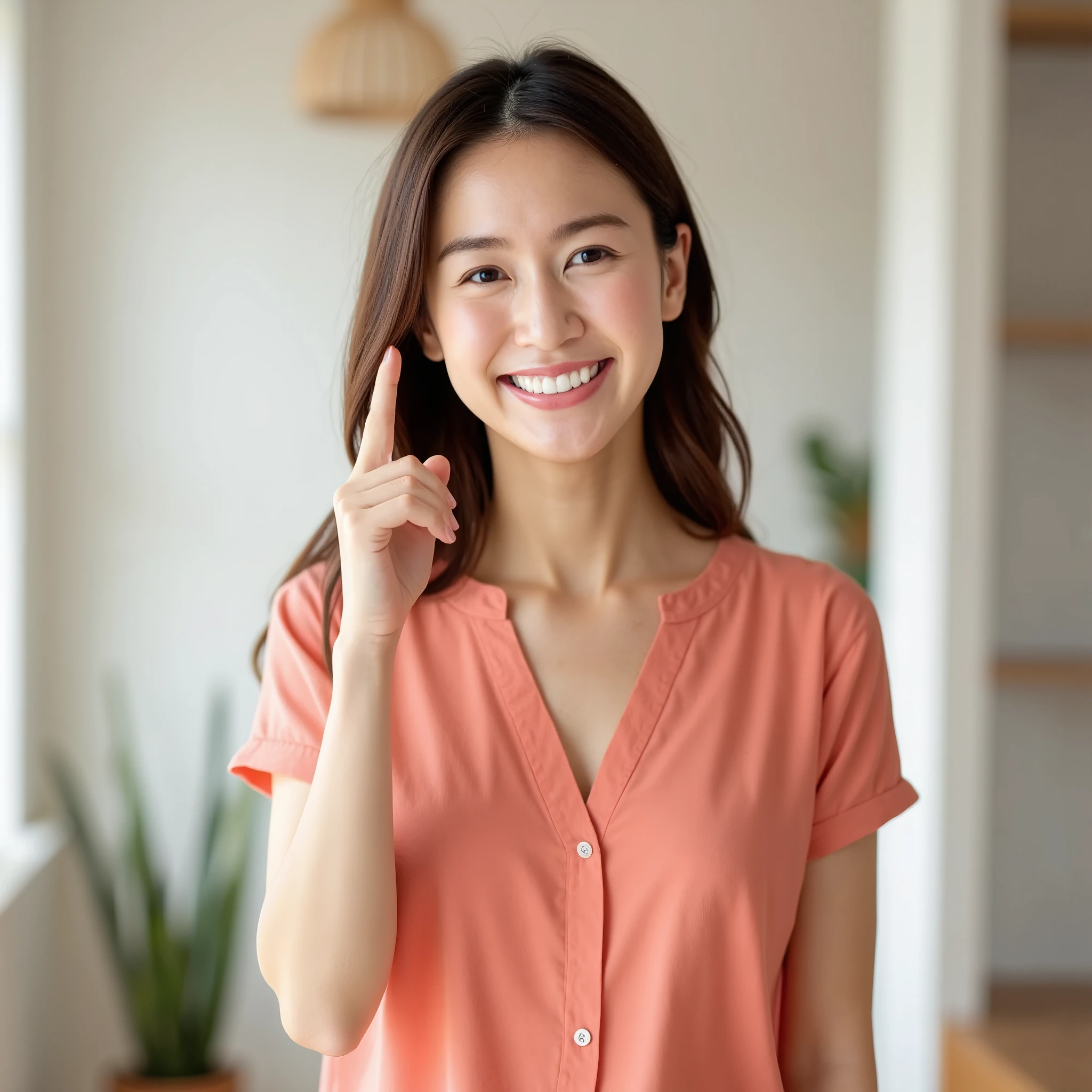 Asian woman, standing indoors, smiling and pointing with one hand, wearing a light coral blouse, bright and cheerful expression, simple modern home interior, soft natural lighting, relaxed and welcoming atmosphere, casual pose