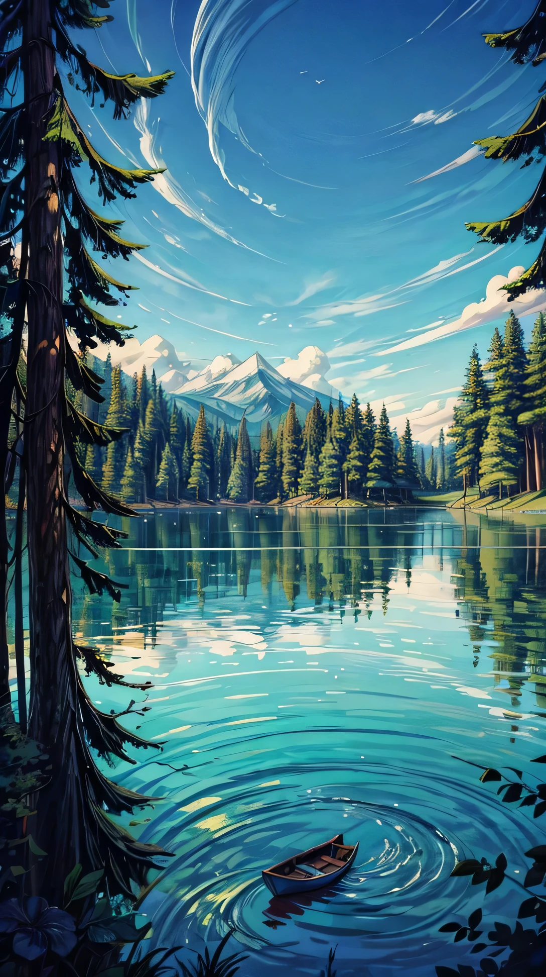 a serene lake with a single small boat floating, surrounded by tall trees and a clear sky.