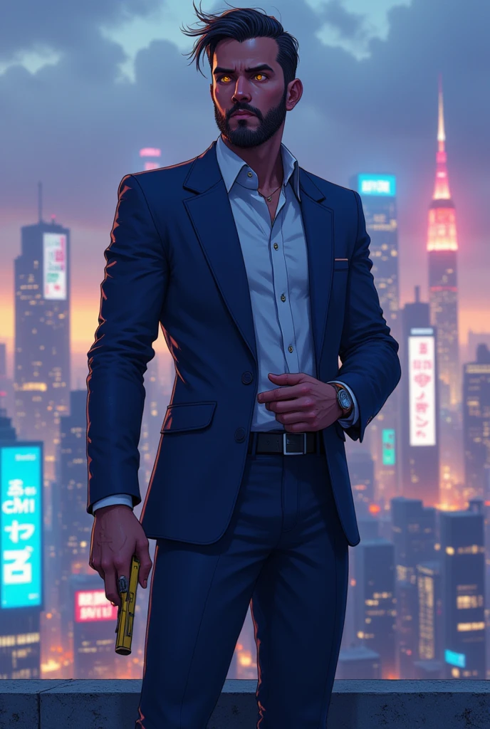 Cybanime, A modern-day Mafia boss standing on a rooftop overlooking the city skyline at night. He is wearing a slim-fit navy blue suit, no tie, and a slightly unbuttoned white shirt. His confident, piercing stare and neatly trimmed beard give him a dangerous, charismatic aura. The wind blows through his sleek, short hair, and the glowing city lights behind him emphasize his dominance over the urban jungle. In one hand, he holds a gold-plated handgun, symbolizing his power, while the other hand adjusts his cufflinks.