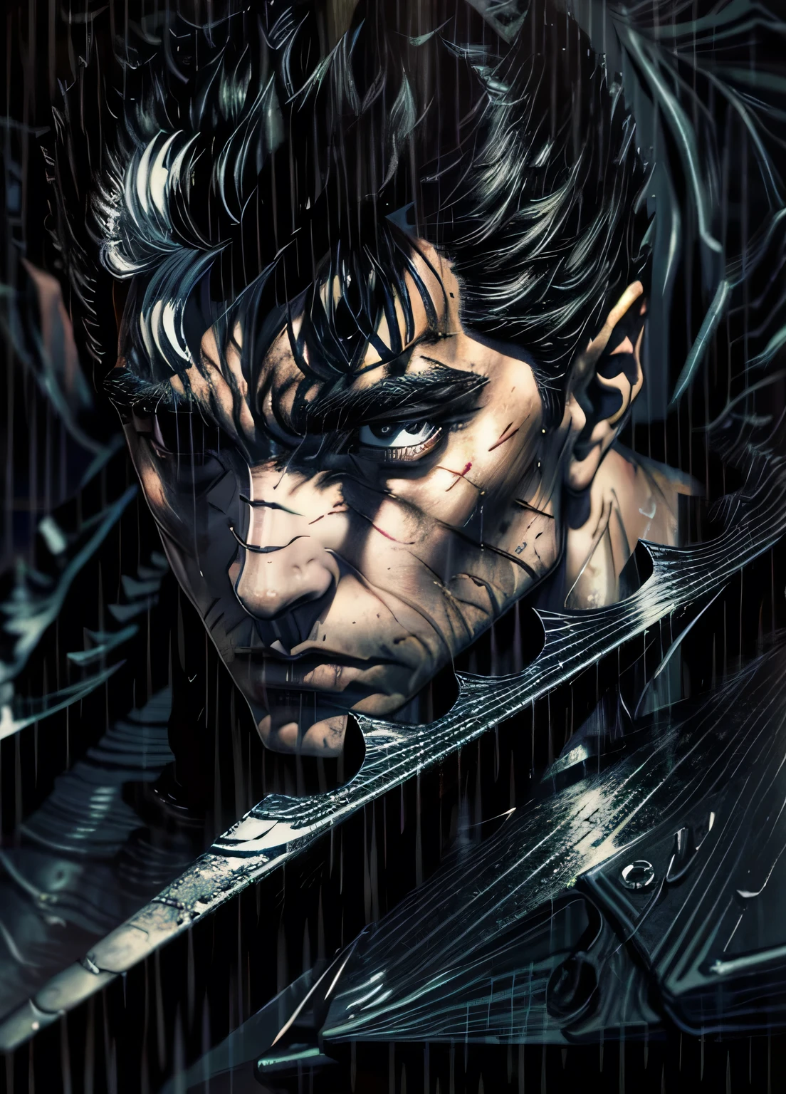 1 man, (adult face),adult,black hair,short hair,um olho fechado,scar on the eye, expression of hate ,serious eyes,expressionless,Armor,dark,darkness,raining,rain,night,blood,Standing,looking at the viewer,masterpiece,extremely detailed unity 8k cg wallpaper, best quality,32 mil,sharp focus, 