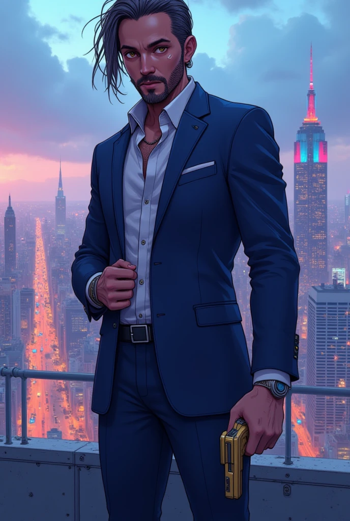 Cybanime, A modern-day Mafia boss standing on a rooftop overlooking the city skyline at night. He is wearing a slim-fit navy blue suit, no tie, and a slightly unbuttoned white shirt. His confident, piercing stare and neatly trimmed beard give him a dangerous, charismatic aura. The wind blows through his sleek, short hair, and the glowing city lights behind him emphasize his dominance over the urban jungle. In one hand, he holds a gold-plated handgun, symbolizing his power, while the other hand adjusts his cufflinks.