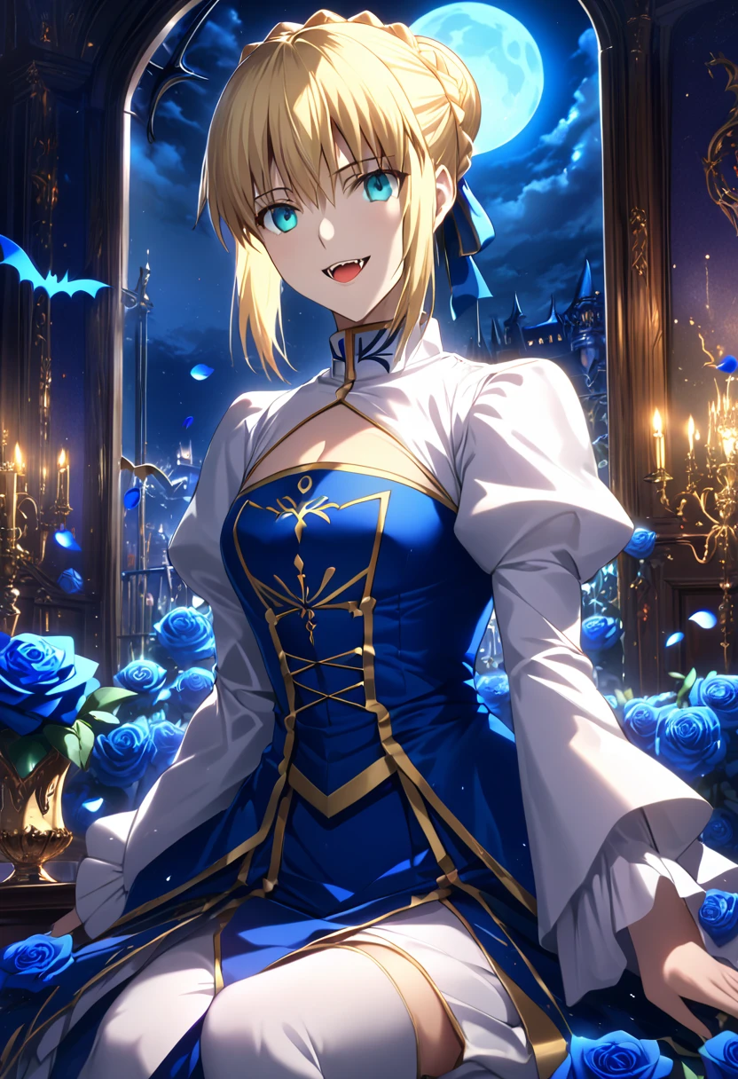 absurdres, highres, ultra detailed, HDR, master piece, best quality, detailed eyes, detailed face, Artoria Pendragon, saber, blonde hair, expressive turquoise eyes, fate stay night, solo, beautiful, woman, smiling, fantasy, magical, single hair bun, french braid, fangs, sitting, vampire, night, moon, room, luxurious, blue roses, blue petals, radiant, glittering, shinning, bats