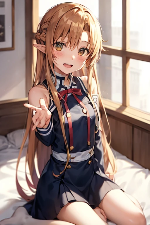 ((Best Quality)), ((masterpiece)), (be familiar with), Perfect Face, indoor, bedroom, Watching the audience,
One woman, Yuuki Asuna,
Open Mouth, Ecstatic expression, blush, smile,
Small breasts, Flat Chest, , , child, Girl,
Long Hair, Long Hair,
Leg spread,