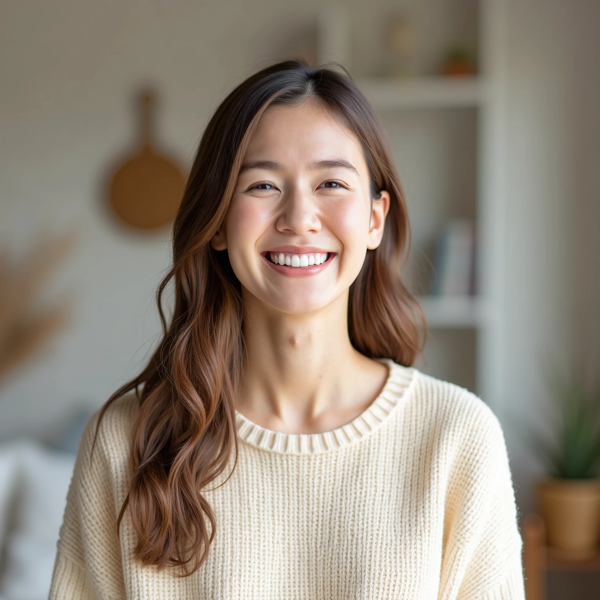 Young asian woman, standing indoors, smiling brightly with eyes closed, wearing a cozy light-colored sweater, soft natural lighting, relaxed and joyful expression, casual pose, simple and minimalist home interior, warm and comfortable atmosphere