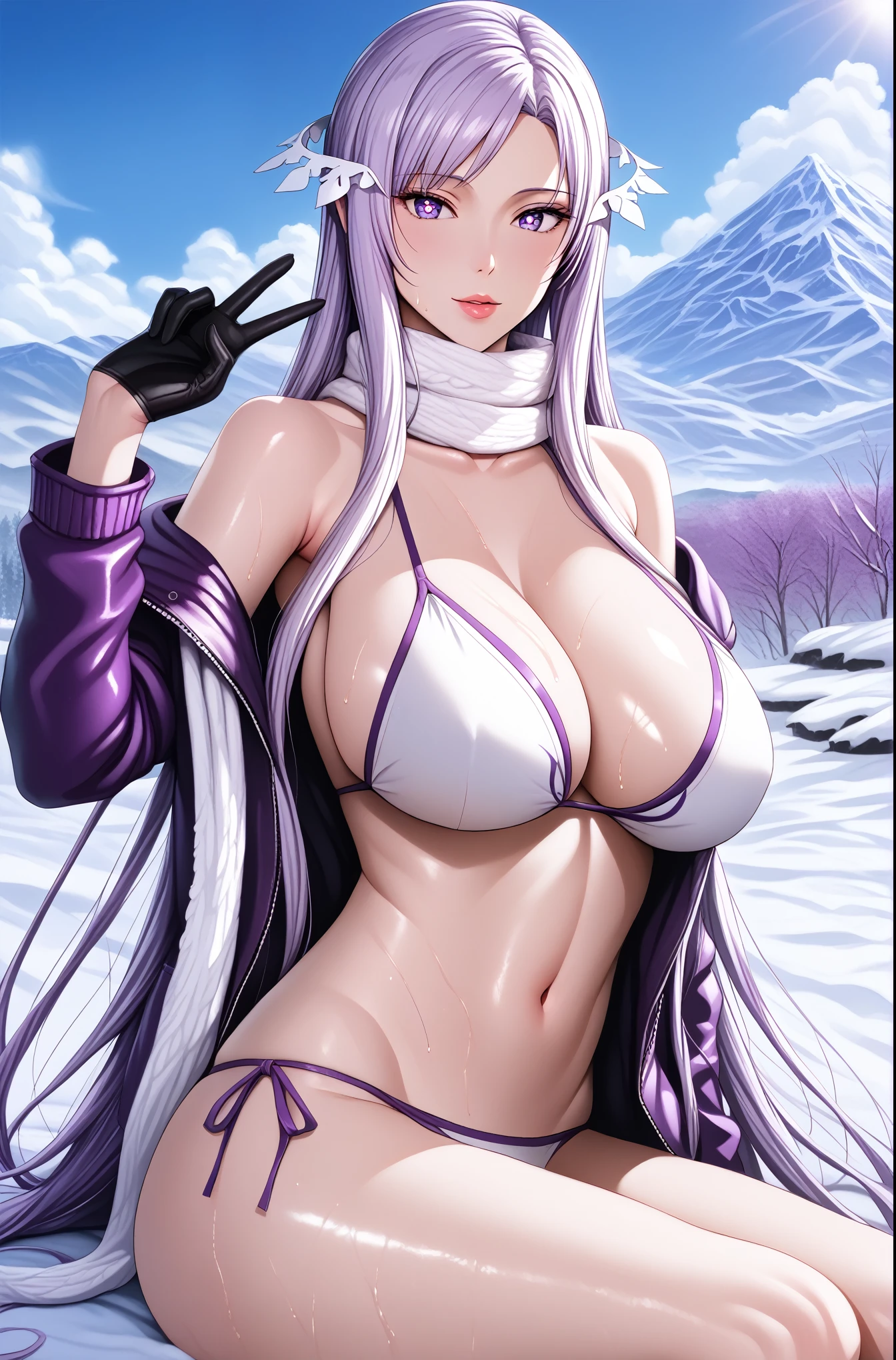 maidoll, score_9_up, score_5_up, uncensored, quinella, absurdly long hair, purple eyes, long hair, parted bangs, purple hair, very long hair, hair ornament, BREAK (perfect hands, perfect anatomy), beautiful detailed eyes, beautiful detailed lips, extremely detailed face and portrait, elegant expression, soft warm lighting, volumetric lighting, cinematic composition, detailed environment, lush garden, vibrant colors, intricate details, masterpiece, high resolution, digital painting, excessive sweating, sweating profusely, sweating drop, gasping, heavy breathing, bright pupils BREAK, large breasts, shiny skin,1girl, breasts, swimsuit, bikini, solo, snow, goggles_on_head, goggles, black_bikini, navel, outdoors, sitting, gloves, looking_at_viewer,side-tie_bikini_bottom, wariza, scarf, jacket, cleavage, open_clothes, black_gloves, white_scarf, day, open_jacket, sky, mountain, string_bikini, v-sign