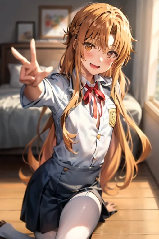 ((Best Quality)), ((masterpiece)), (be familiar with), Perfect Face, indoor, bedroom, Watching the audience,
One woman, Yuuki Asuna,
Open Mouth, Ecstatic expression, blush, smile,
Small breasts, Flat Chest, , , child, Girl,
Long Hair, Long Hair,
Leg spread,