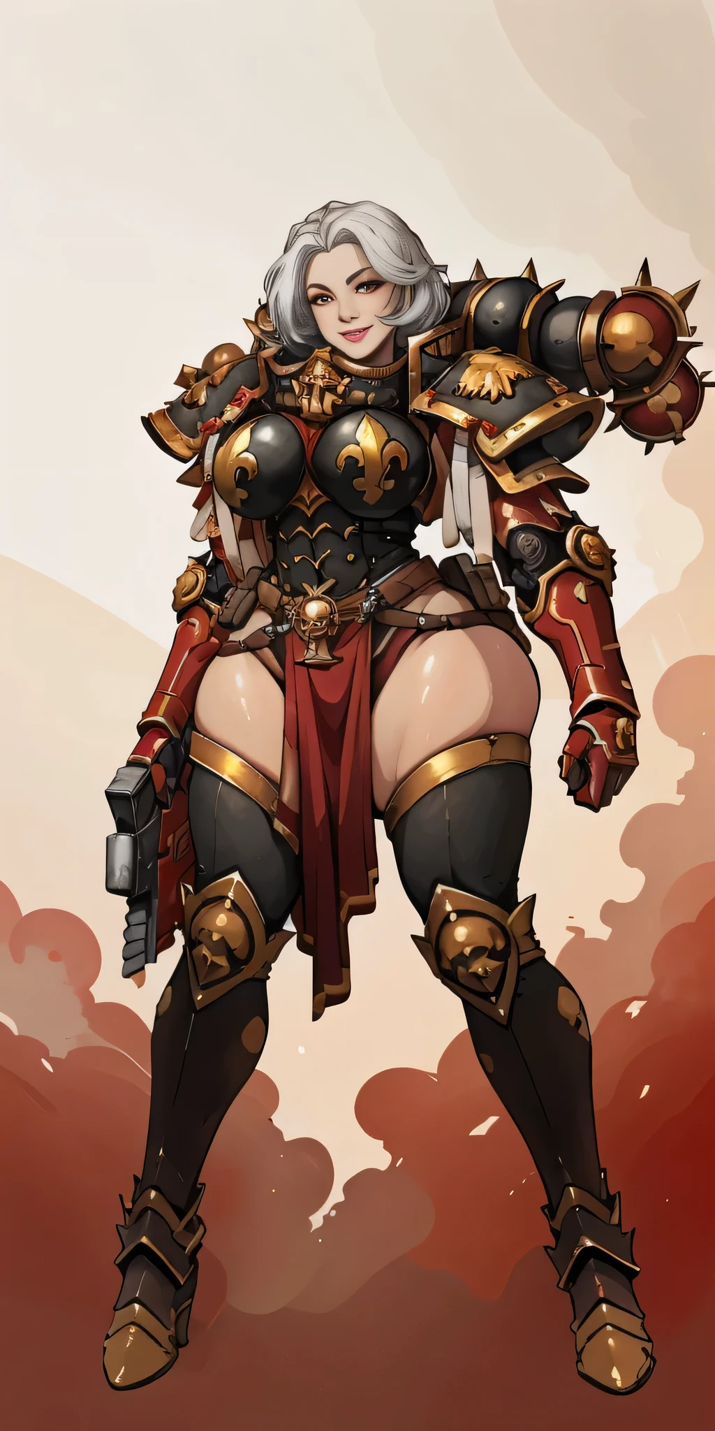 (masterpiece, best quality, 4k, 1girlsolo, 1MILF, mmplatz, smile, red cheeks, plain background:1.2), perfect face, perfect lighting, mature whsororitas with gloves red gauntlets in her hands like Cammy White from Street Fighter, bob white hair, warhammer 40k power armor suit, red eyes like rubies, full body armor, view from below, looking to the viewer, fat, big breasts, potbelly, thick legs 