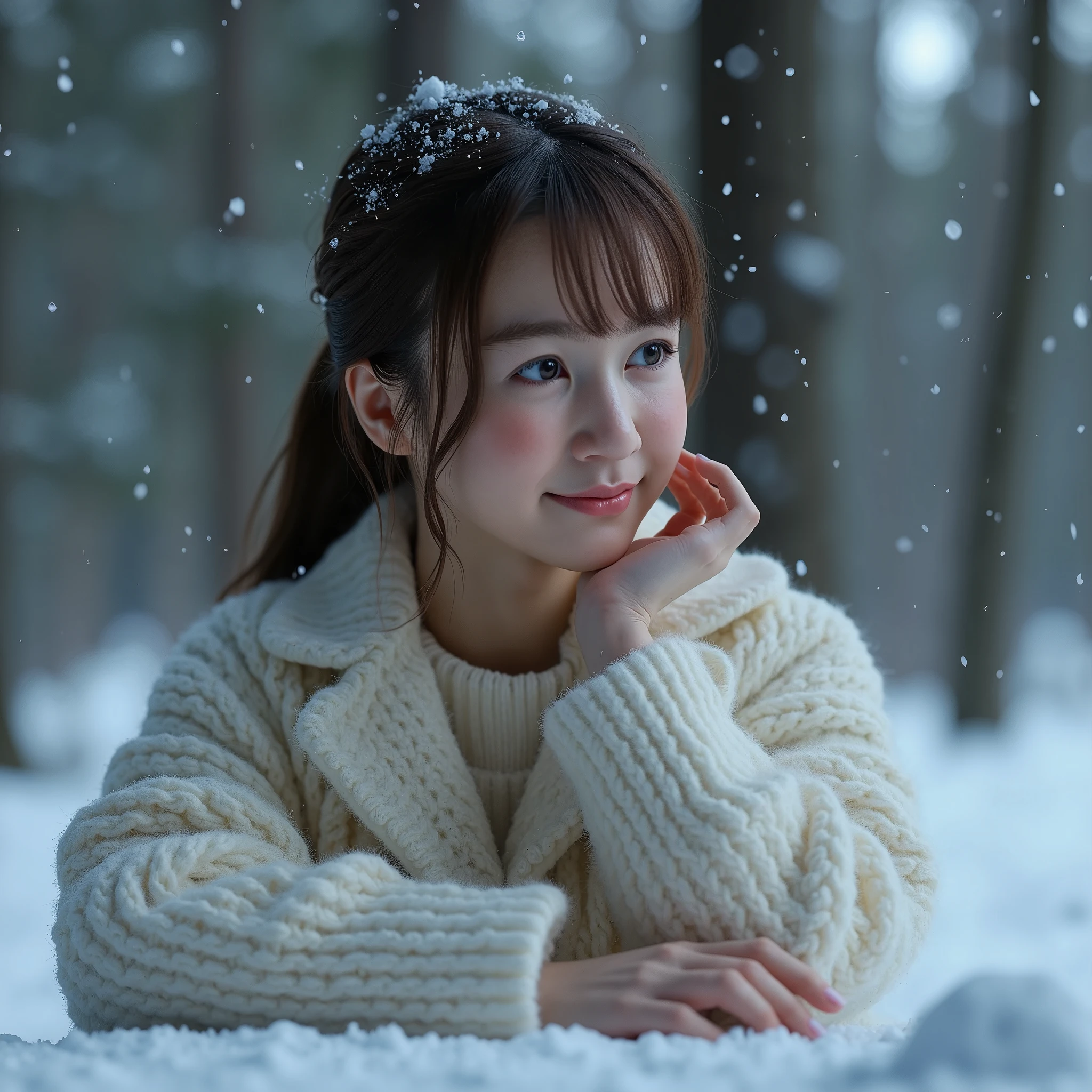 1girl in, (Wearing a white coat:1.2), (Raw photo, Best Quality), (Realistic, Photorealsitic:1.4), master piece, close up,Extremely delicate and beautiful, Extremely detailed, 2k wallpaper, amazing,((white sweater)) ,finely detail, the Extremely Detailed CG Unity 8K Wallpapers, Ultra-detailed, hight resolution, Soft light, Beautiful detailed girl, extremely detailed eye and face, beautiful detailed nose, Beautiful detailed eyes, Cinematic lighting, Winter Night View, illuminations, Perfect Anatomy, Slender body, ((soft smiling)),((winter, in forest, woods)), snowfall,((sitting at the table)), looking to left,