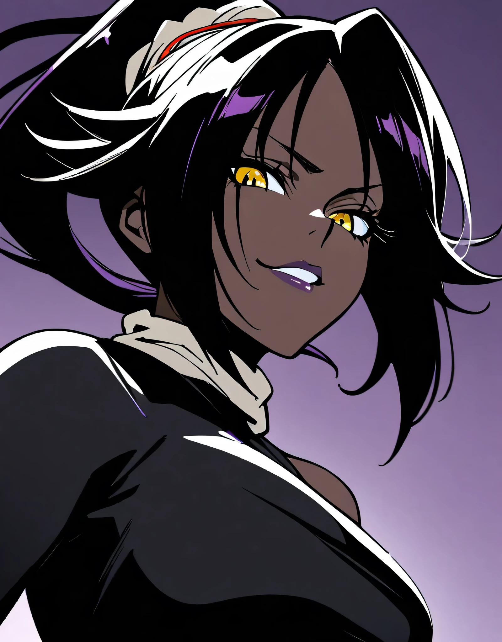 1girl, shihouin yoruichi , bleach, purple hair , 1ponytail ,perfect yellow eyes, dark skin,noir style portrait,masterpiece, best, quality, absurdres, looking at the audience, Seductive Smile, From Below, 