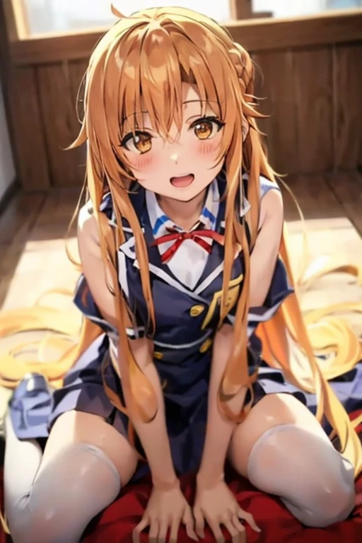 ((Best Quality)), ((masterpiece)), (be familiar with), Perfect Face, indoor, bedroom, Watching the audience,
One woman, Yuuki Asuna,
Open Mouth, Ecstatic expression, blush, smile,
Small breasts, Flat Chest, , , child, Girl,
Long Hair, Long Hair,
Leg spread,