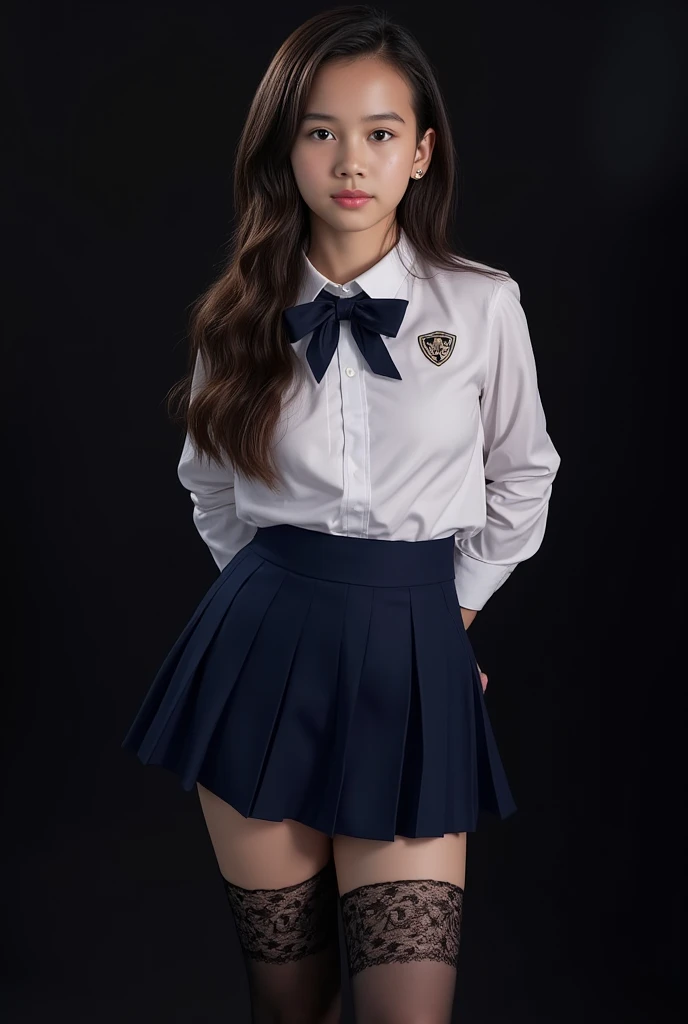 realistic, high res image, masterpiece, best quality, girl, cute, fair skin, brown shiny long hair, ultra detailed eyes, thick lips, dark background, school uniform, white long sleves shirt, navy skirt, black lace leg wear, black lace thighhigh, 