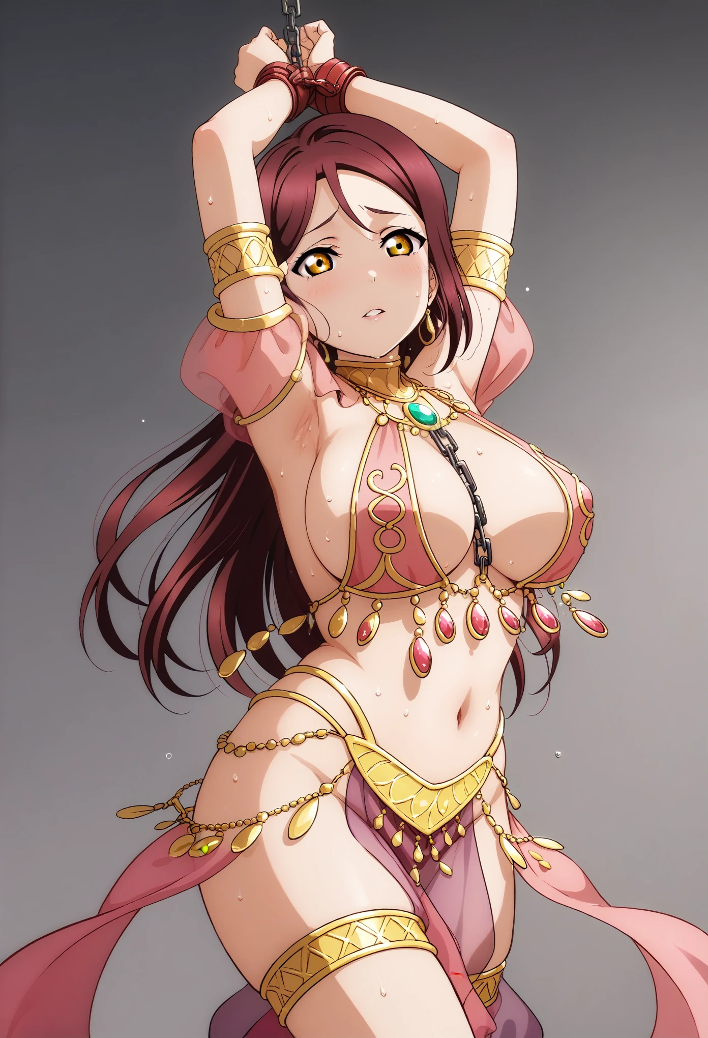 masterpiece, best quality, anime art, front light, large breasts ,yellow eyes , sakurauchi riko love live , milf, curvy body , Arabian dancer clothes, large breasts, unaligned breasts , (revealing clothes:1.5), 1girl , hands tied up, arms up,chained , sweating,sweat drops, parted lips, flogged ,flog mark