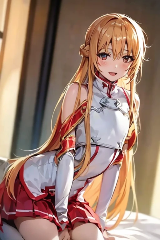 ((Best Quality)), ((masterpiece)), (be familiar with), Perfect Face, indoor, bedroom, Watching the audience,
One woman, Yuuki Asuna,
Open Mouth, Ecstatic expression, blush, smile,
Small breasts, Flat Chest, , , child, Girl,
Long Hair, Long Hair,
Leg spread,