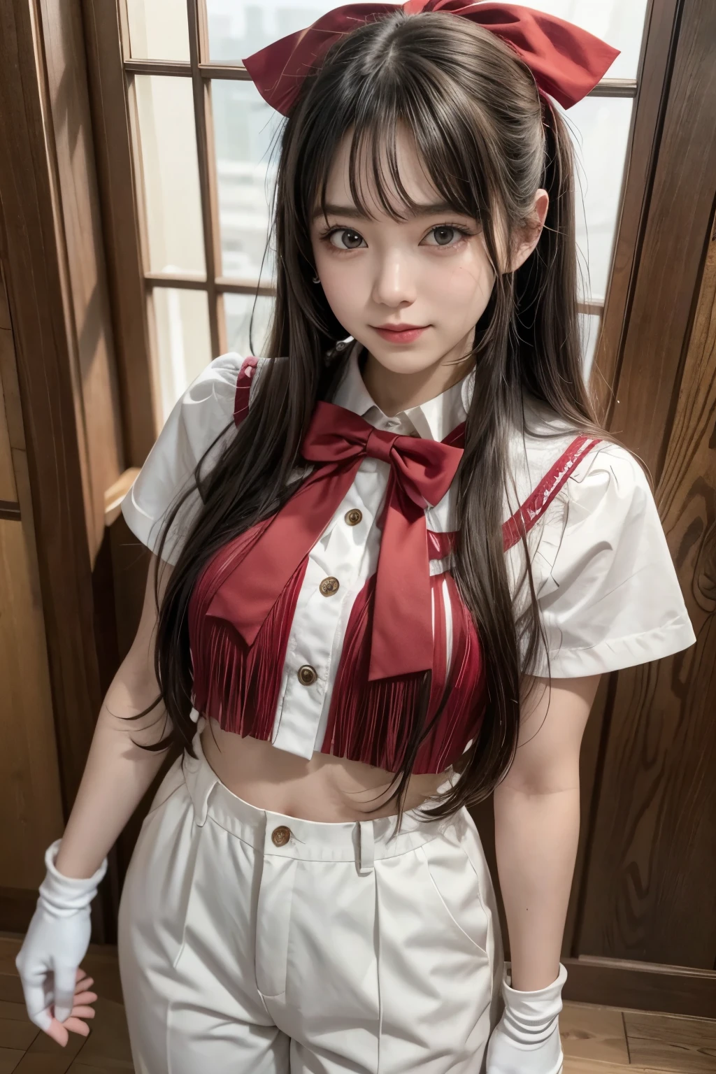 (masutepiece, Best Quality:1.2), 8K, Official art, Raw photo, unbelievable Ridiculous, (Upper body, Sailor Uniform, serafuku:1.4), Beautiful Girl, Idol face, arching back down, pleatedskirt, , Short sleeve, gardenia, violaceaess, Teen, crass room, Looking at Viewer, No makeup, Film grain, chromatic abberation, Sharp Focus, face lights, Dynamic lighting, Cinematic lighting, Detailed face, Bokeh background, (Dark red bow tie:1.3)、put out the tongue
