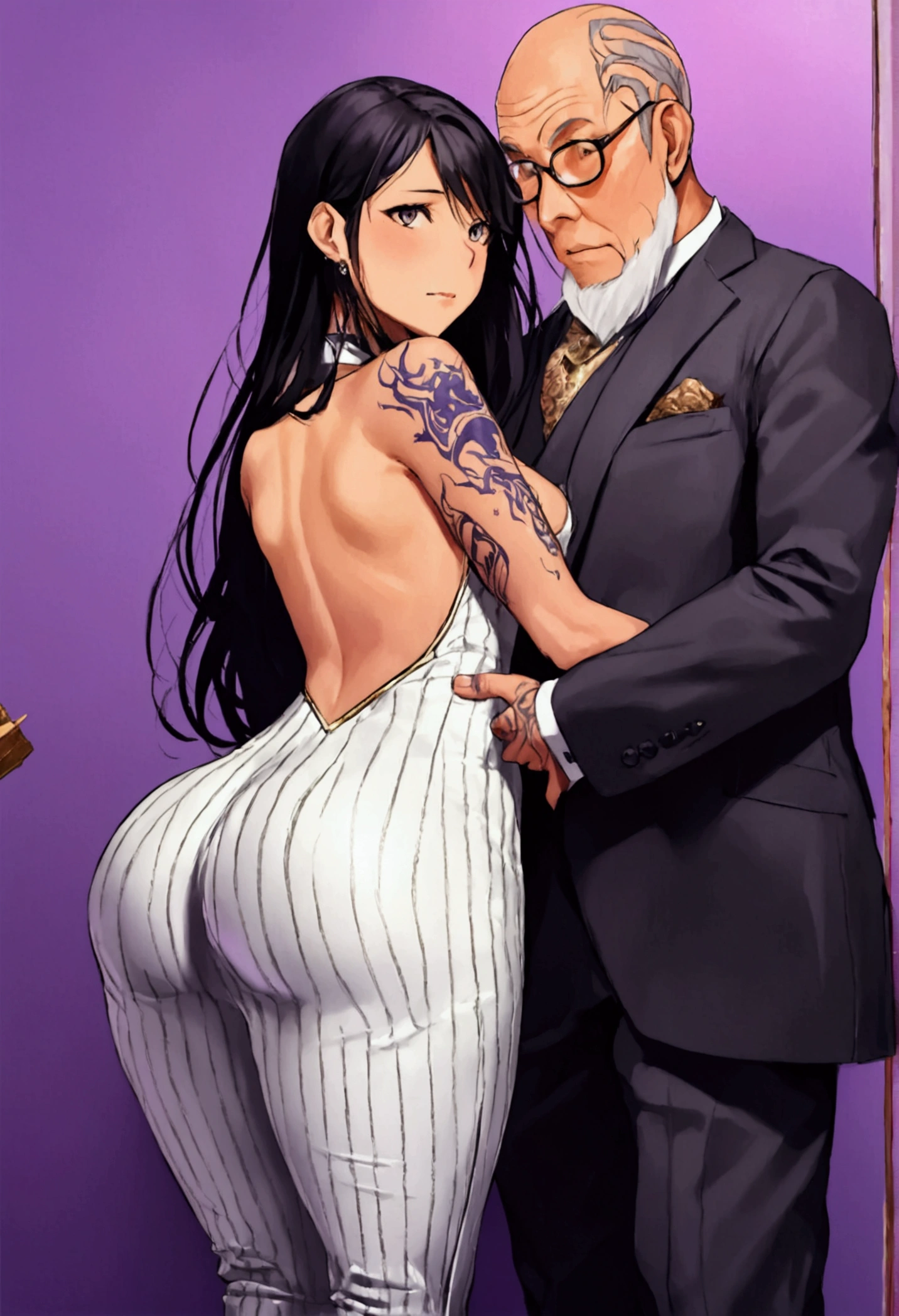 The man is a 40-year-old yakuza with white hair and an all-over look.、The girl is 20 years old with black hair, braided braids, and large breasts.、Men and women in love、Naked and making out on the bed、