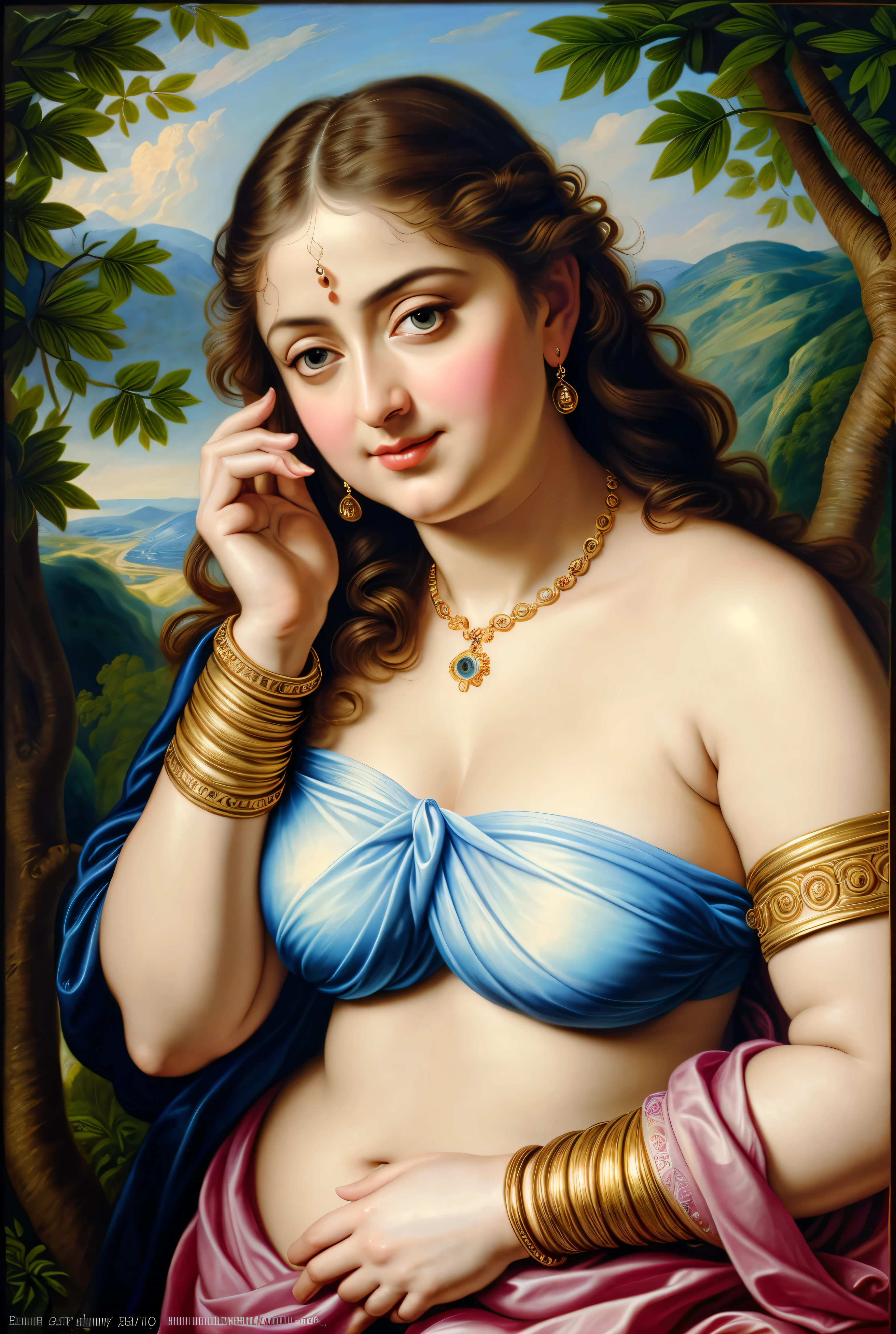 Looks like Anushka Shetty, (solo), middle aged woman, Masterpiece, Best quality, high clarity eyes, beautifully styled hair, curvy, sexy navel folds, feminine curve, motherly figure, critically flawless,sharp picture, Full portrait, High pixels, perfect face, perfect eyes, beautiful face, perfect hands,perfect fingers, in Peter Paul Rubens style, by Peter Paul Rubens, baroque style, acrylic on canvas, highly detailed, description: "Create a nymph inspired by the tales of Greek or Roman mythology, embodying the essence of a natural element or location, and possessing a unique ability or trait that sets her apart.", beautiful nature in the background, Brilliant colors, 
