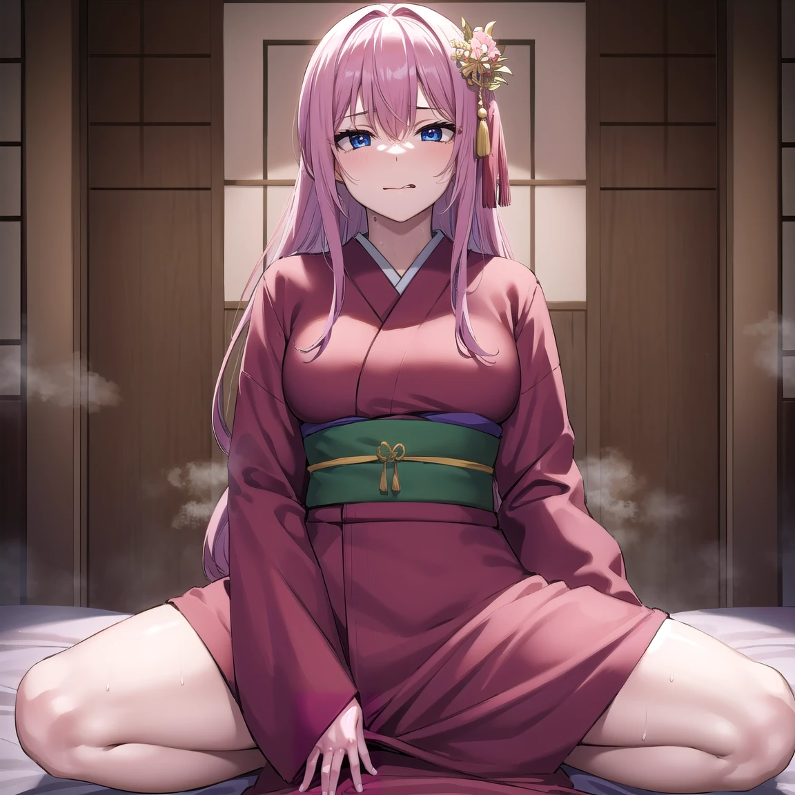 kayosudou, kayo sudou, blue eyes, pink hair, long hair, tongue out, horny, BREAK flower, hair ornament, cowgirl position sex, nsfw, pov, pov sex, spread legs, sweat, steam, pink pubic hair,  pubic hair, vaginal sex, vaginal penetration, green sash, japanese clothes, kimono, obi, red kimono, sash, BREAK looking at viewer, BREAK indoors, BREAK (masterpiece:1.2), best quality, high resolution, unity 8k wallpaper, (illustration:0.8), (beautiful detailed eyes:1.6), extremely detailed face, perfect lighting, extremely detailed CG, (perfect hands, perfect anatomy),
