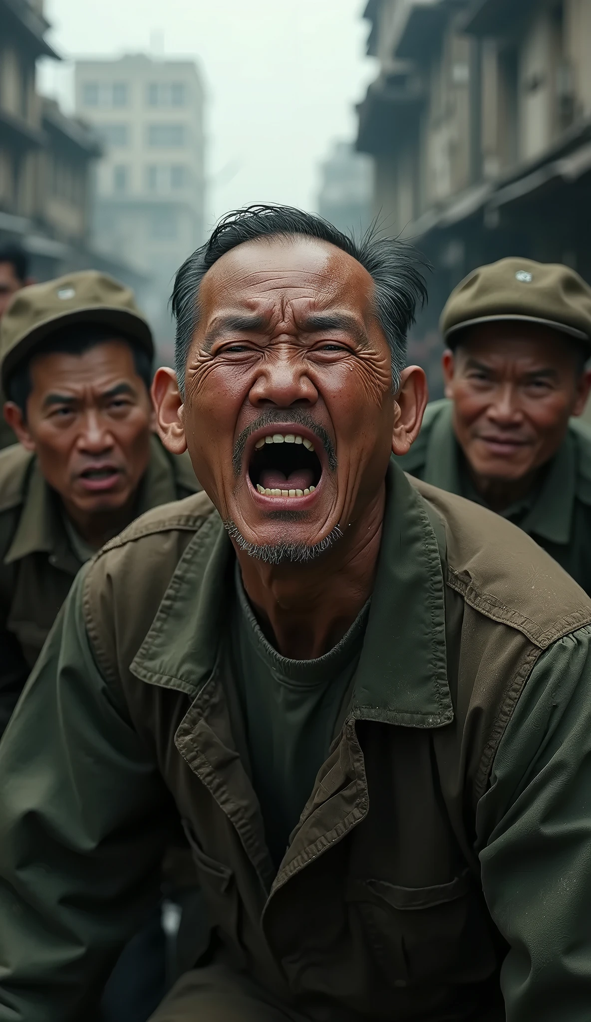 50 years old, asian, muscular, male, short white hair, yelling, violence, realistic, high quality, full body, photo, Hong Kong street, crowded